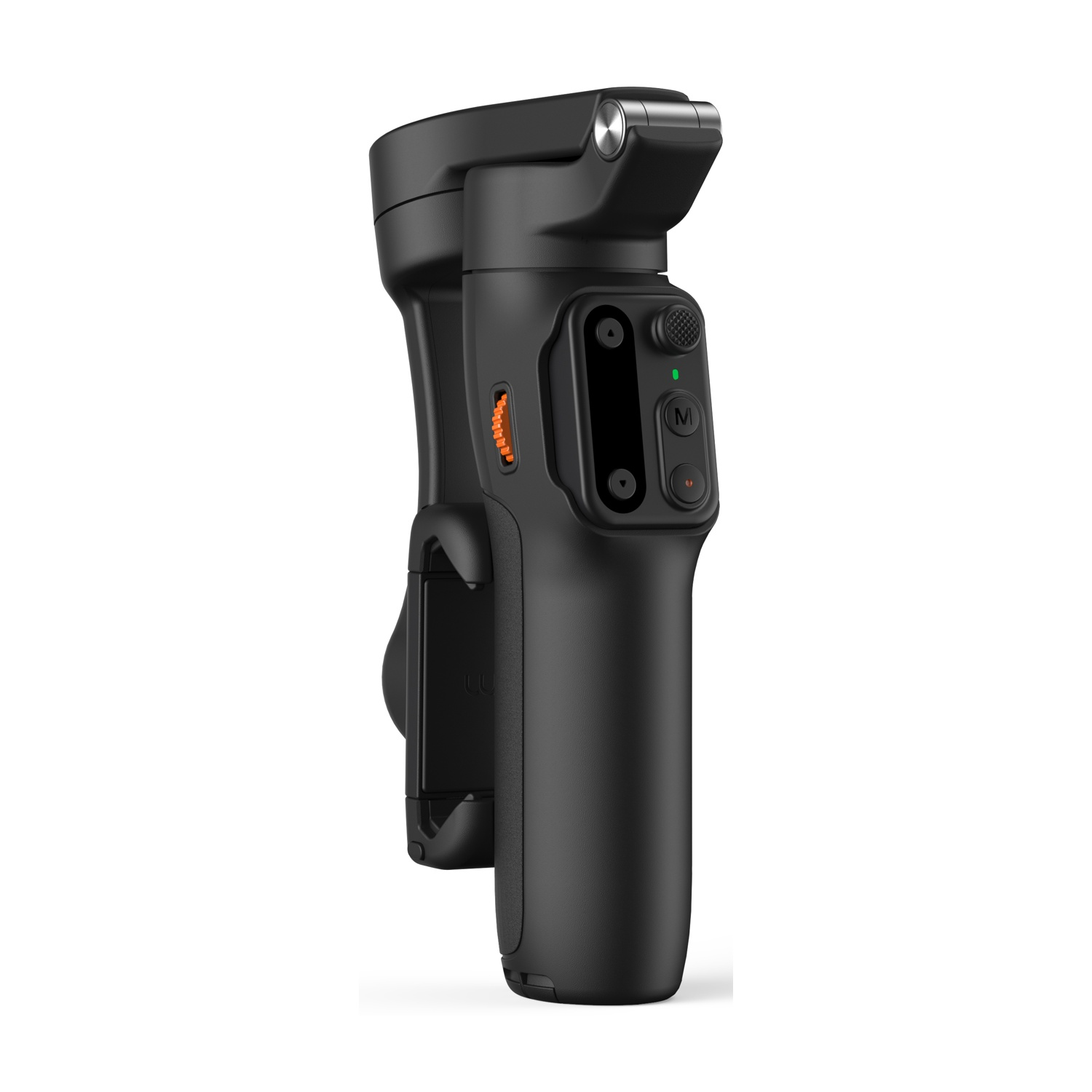 Stabilizzatore gimbal nero con pulsanti e indicatore di carica su sfondo bianco.
