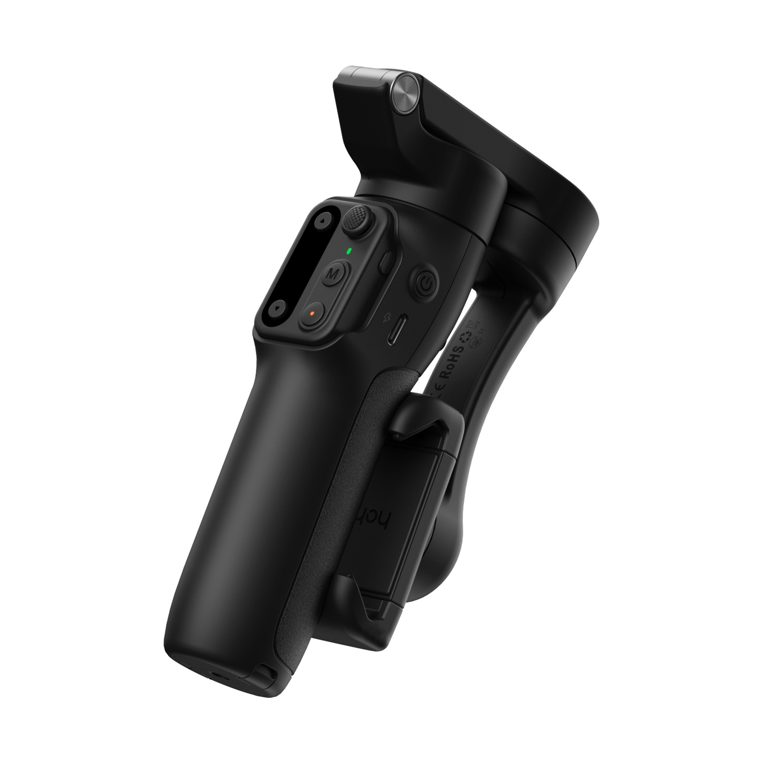 Stabilizzatore gimbal nero con pulsanti e clip su sfondo bianco.