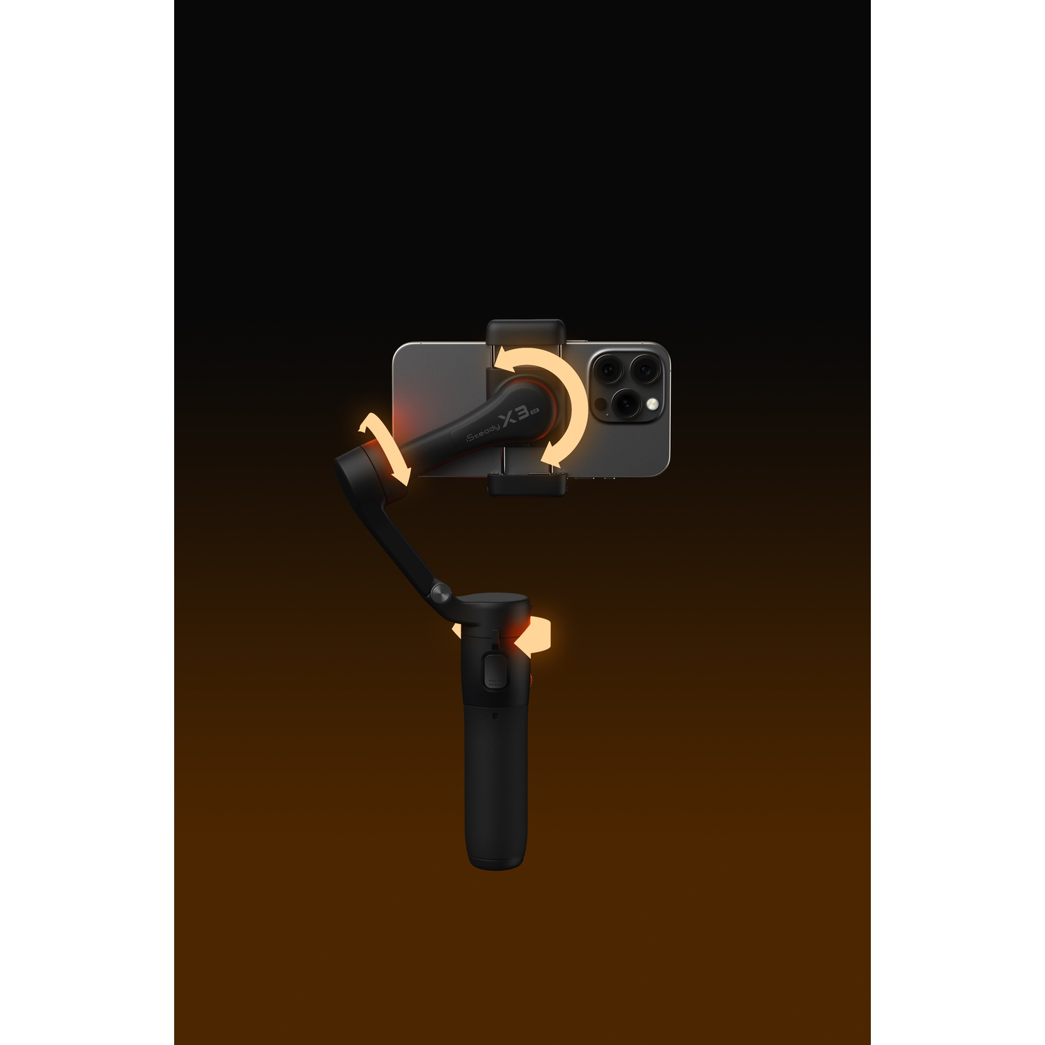 Gimbal nero con smartphone, frecce indicano movimento rotatorio.