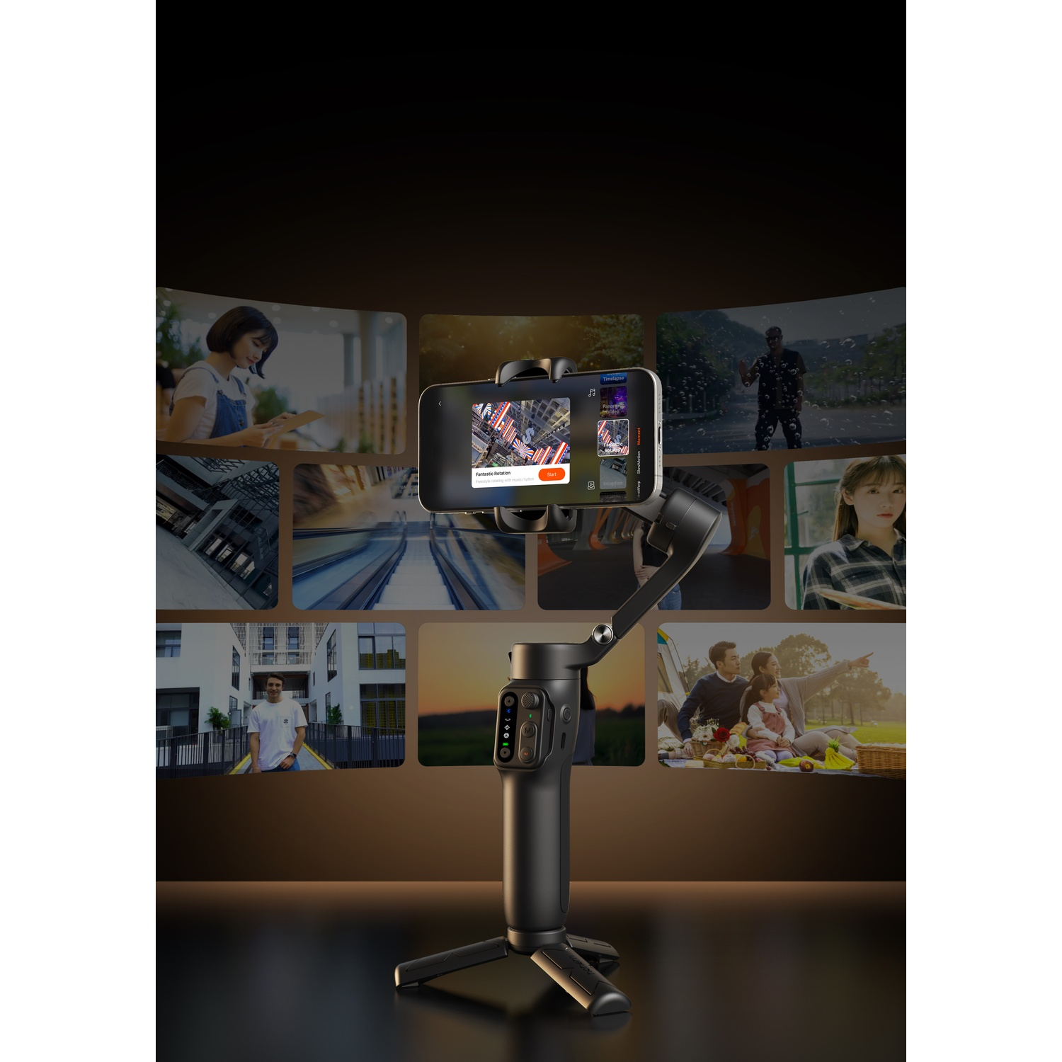 Un gimbal con un telefono che mostra varie modalità video.