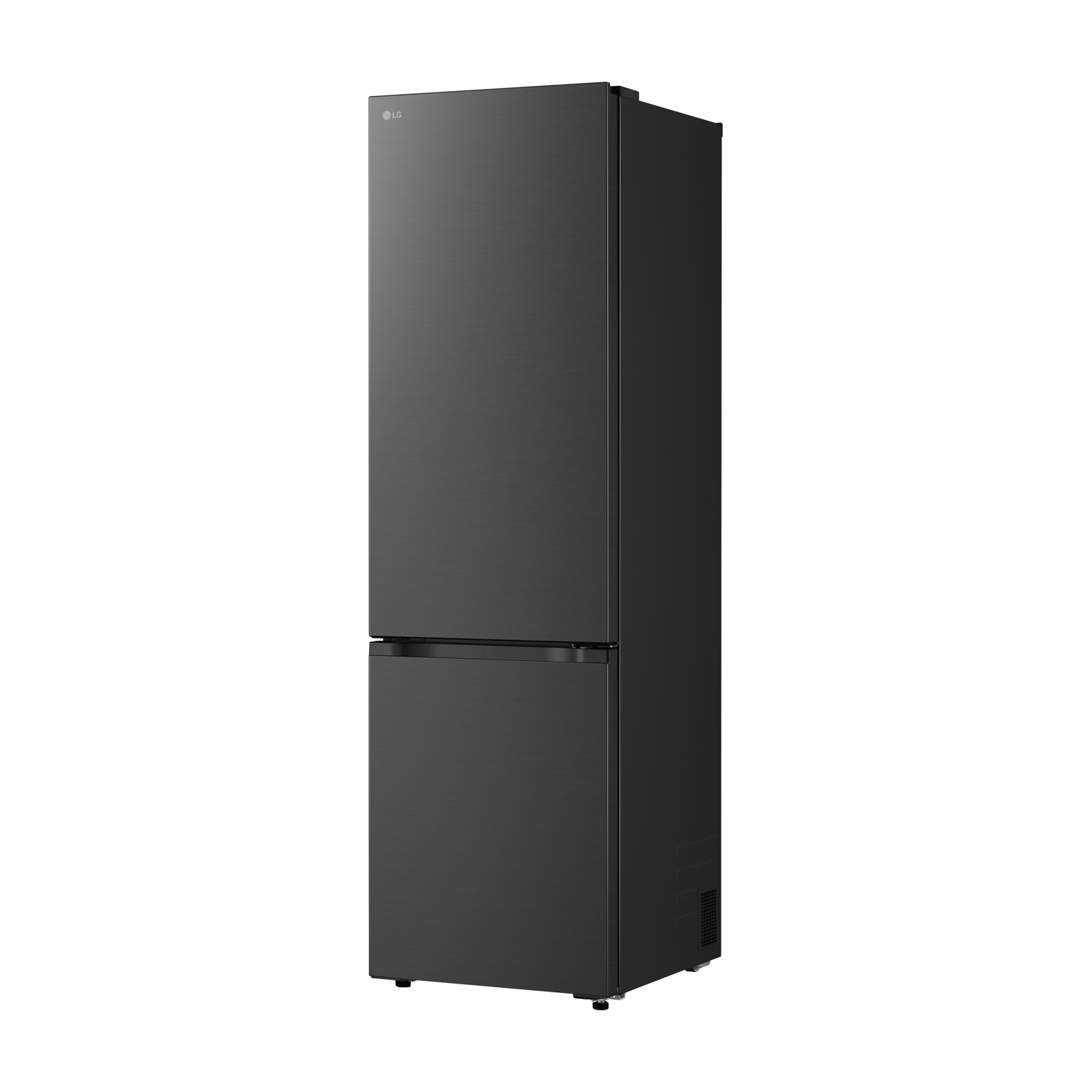 Un frigorifero elegante e scuro a due porte con logo LG.