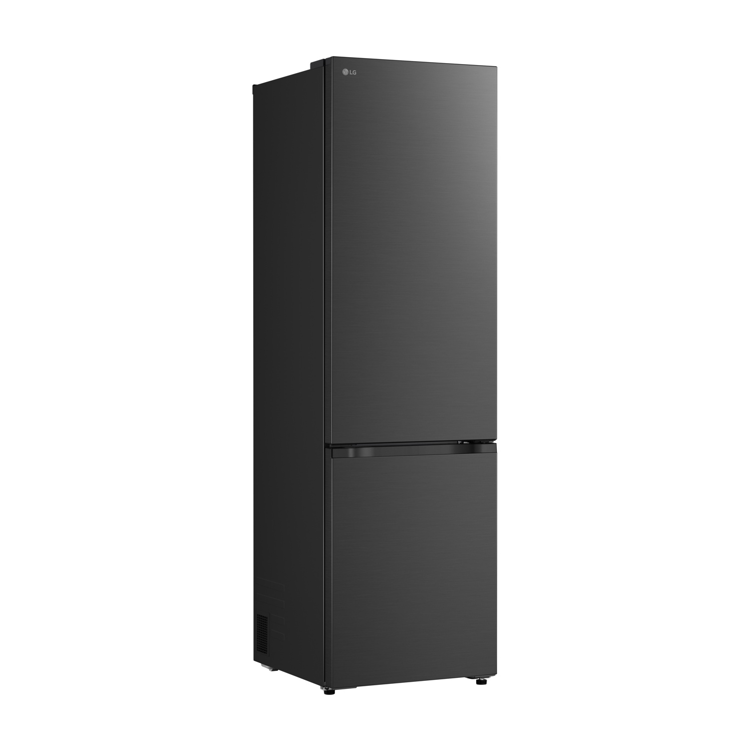 Un elegante frigorifero LG nero a due porte si staglia su sfondo bianco.