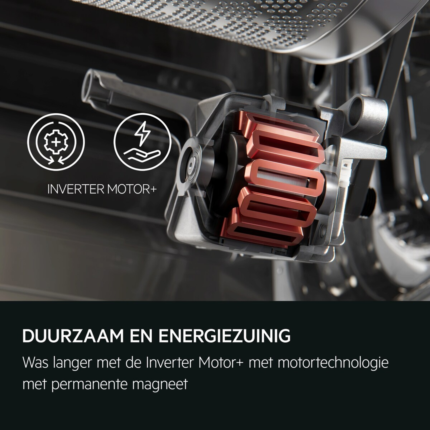 Close-up van een inverter motor met koperwikkelingen en iconen.