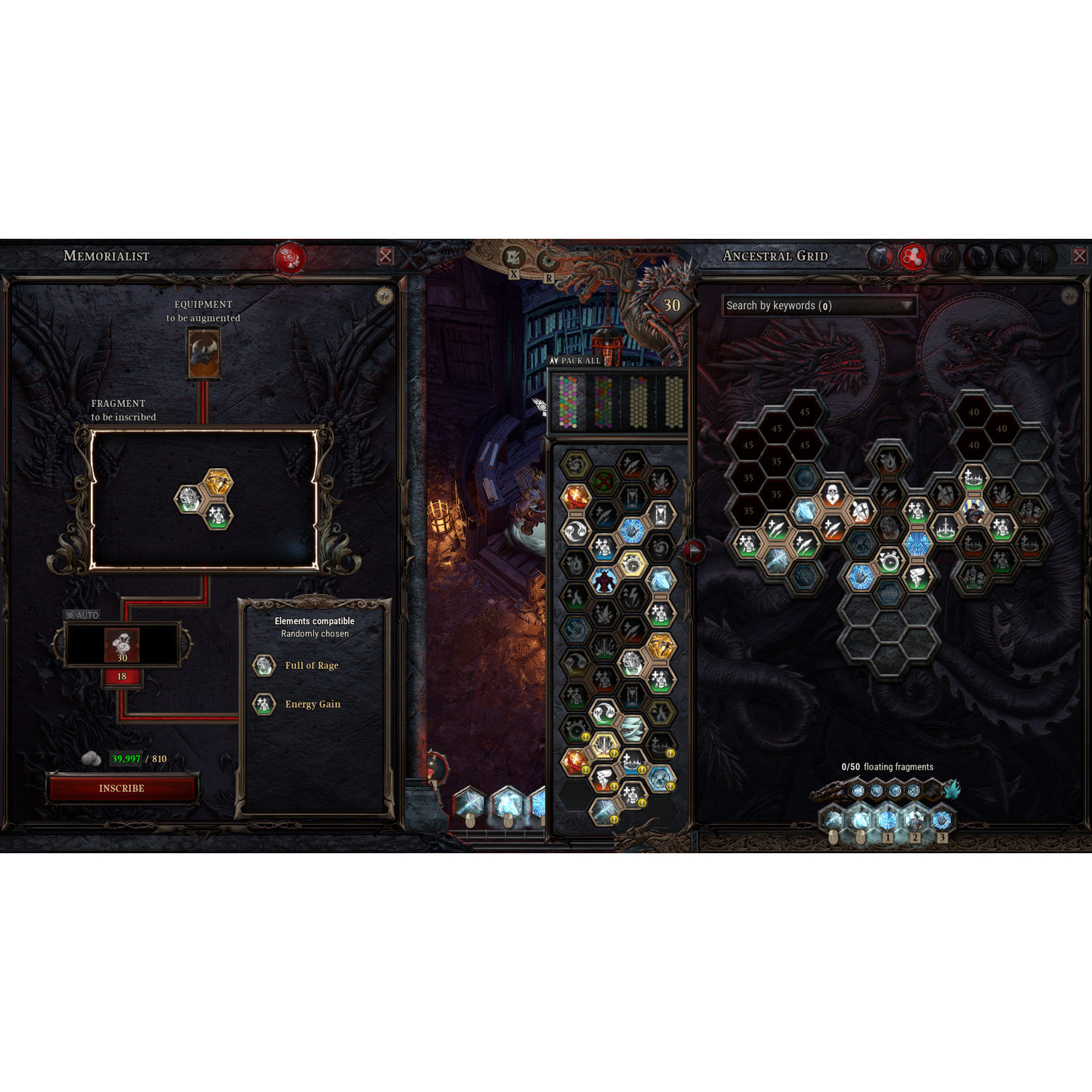 Een game-interface met een Memorialistenmenu links en een Ancestral Grid rechts.