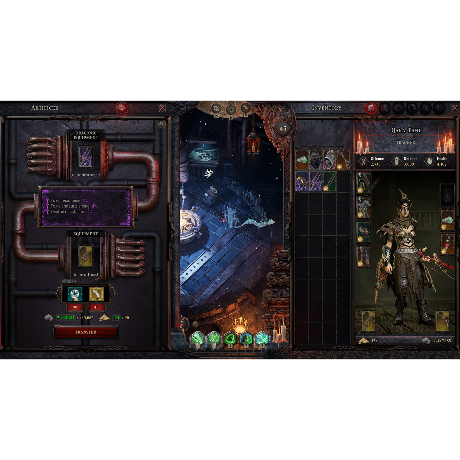 Een spelerinventarisscherm met uitrusting, statistieken en in-game bronnen.