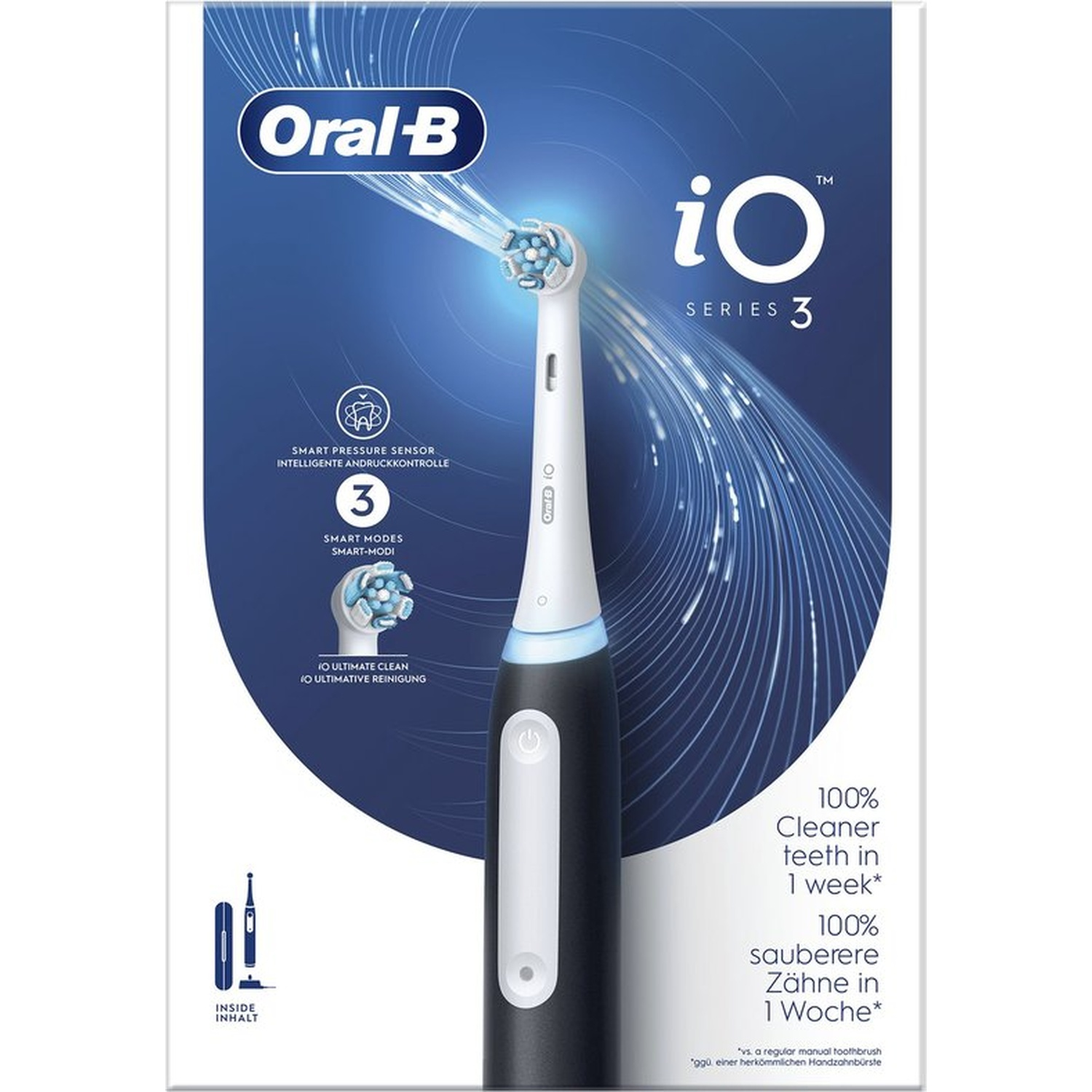 Brosse à dents électrique Oral-B iO Série 3 avec tête bleue et indicateur de charge.