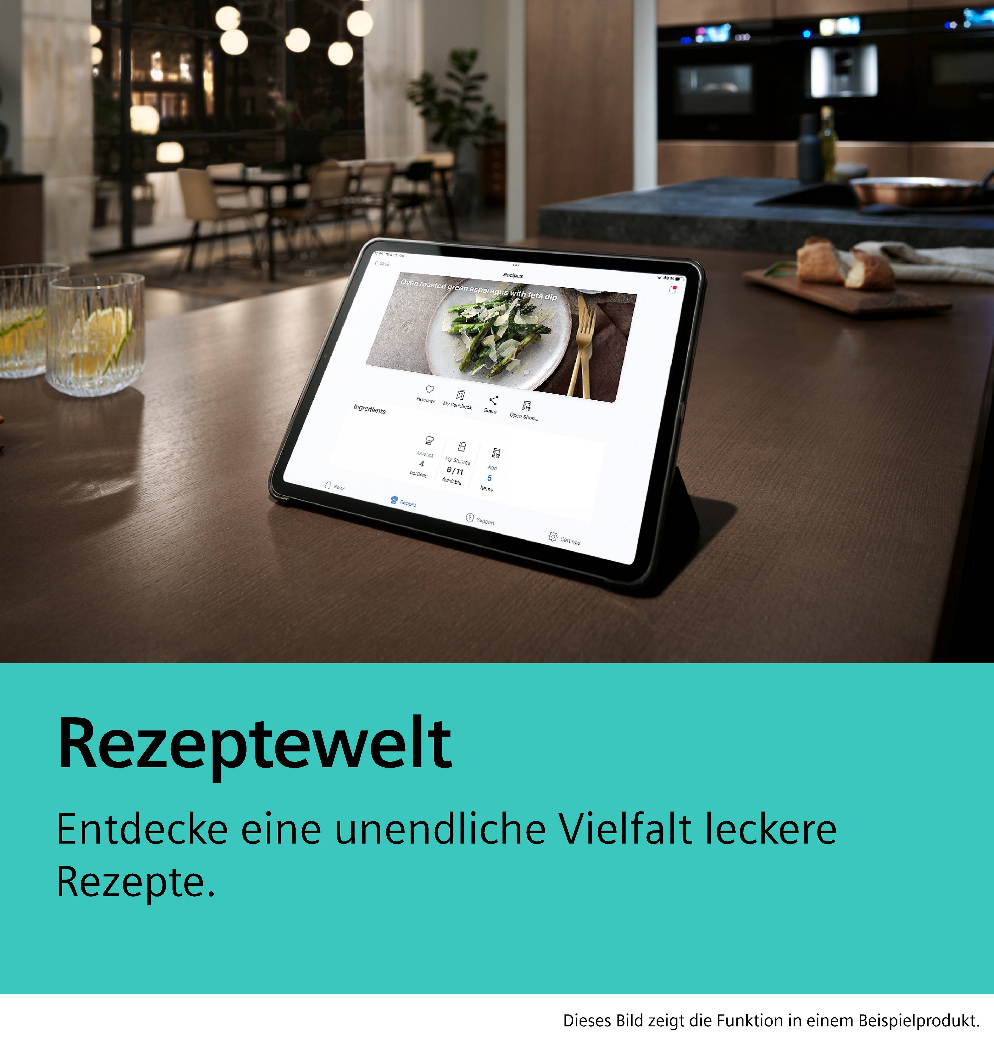 Ein Tablet zeigt ein Rezept für Spargel. Gläser und Brot liegen daneben.