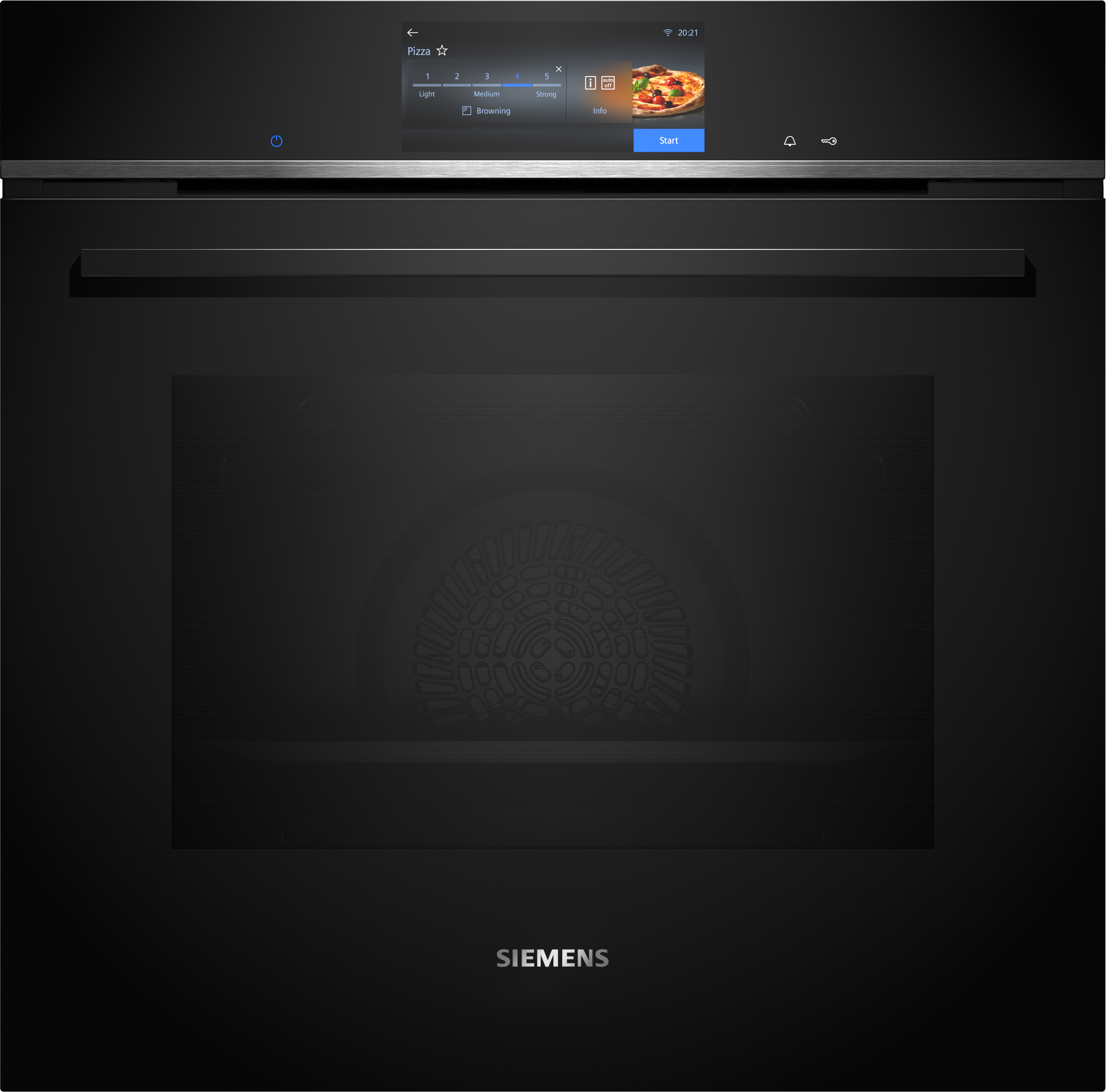 Moderner Siemens-Ofen mit Touchscreen-Display, das Pizzaeinstellungen zeigt.