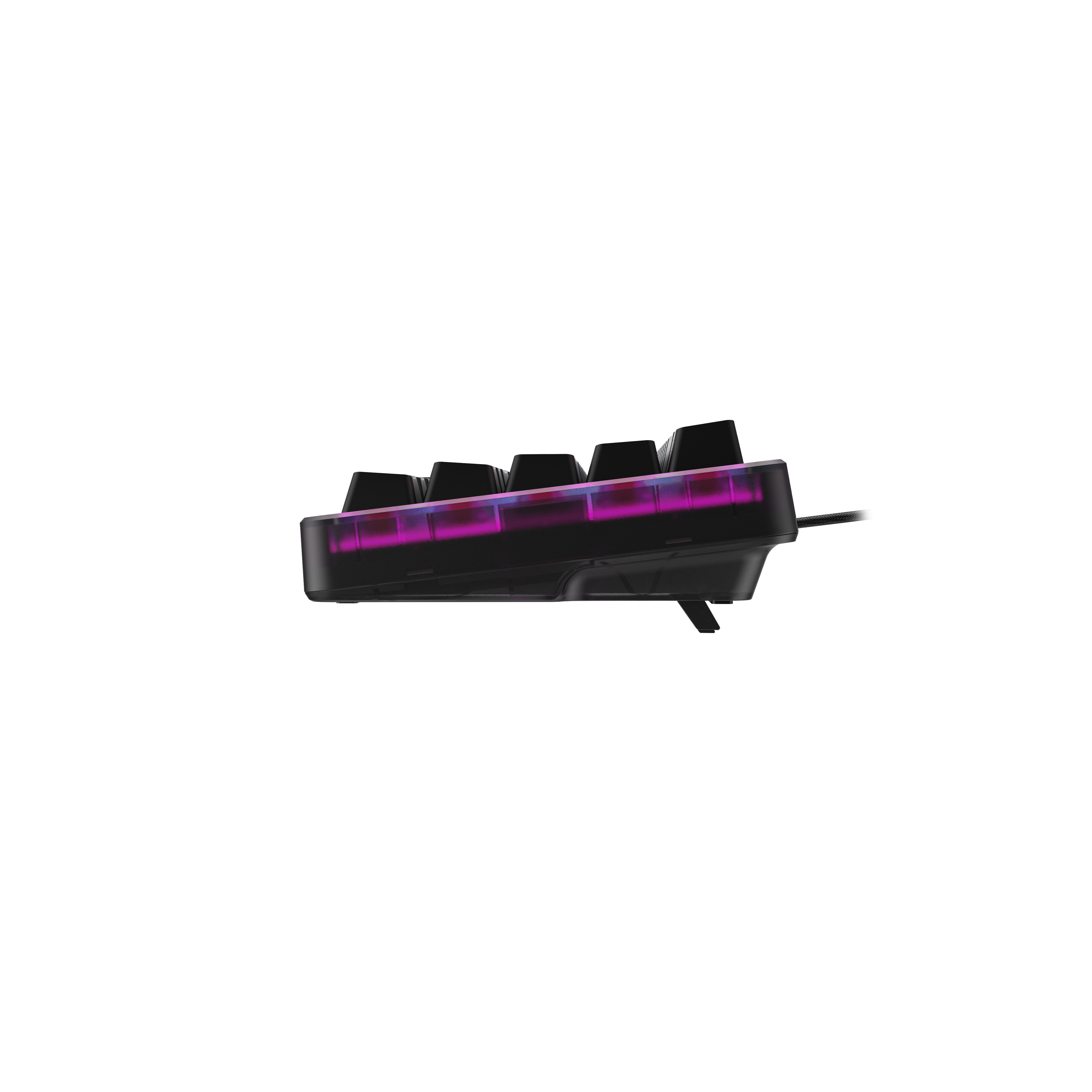 Een zwart toetsenbord met RGB-verlichting gloeit paars.