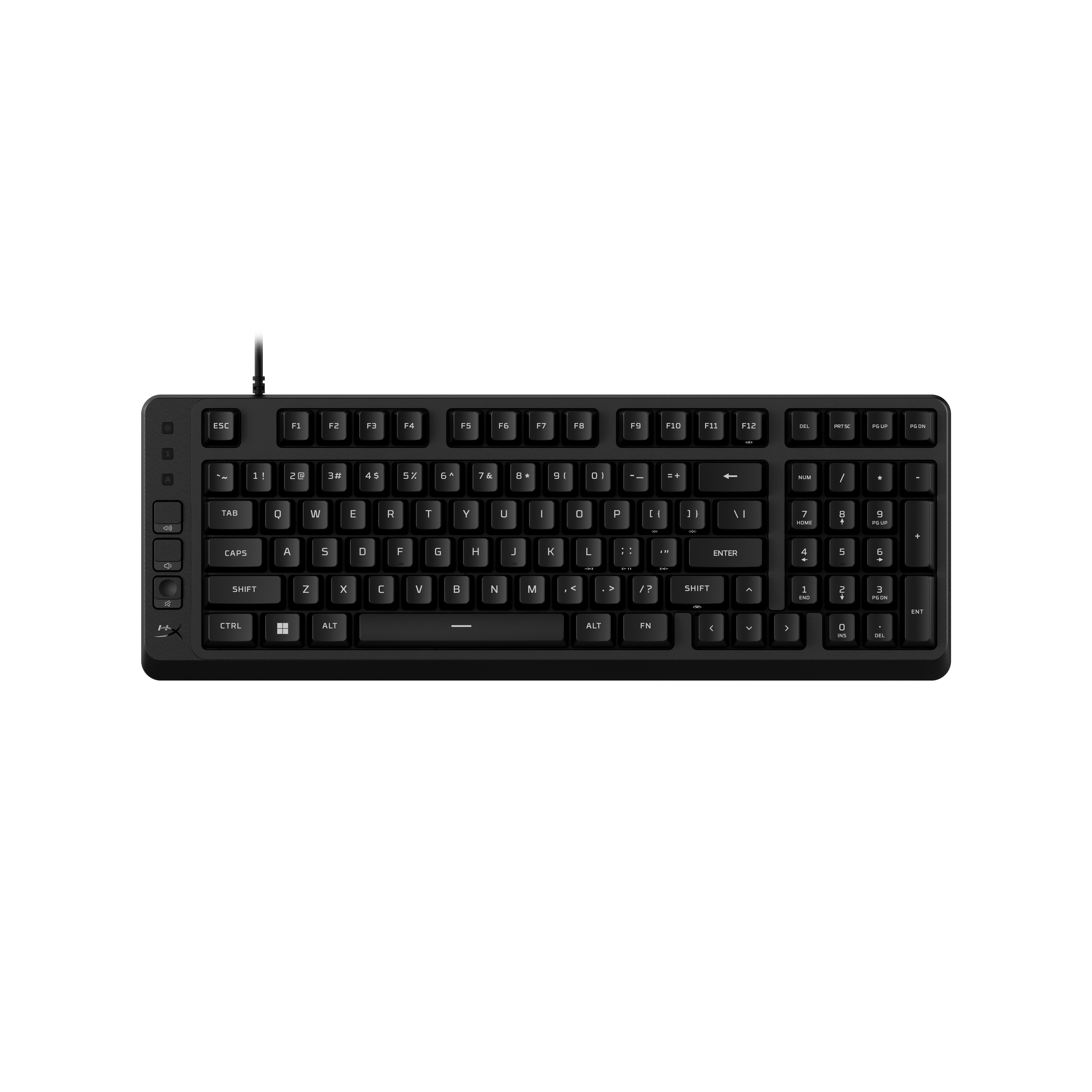 Eine schwarze Tastatur mit beleuchteten Tasten auf schwarzem Hintergrund.