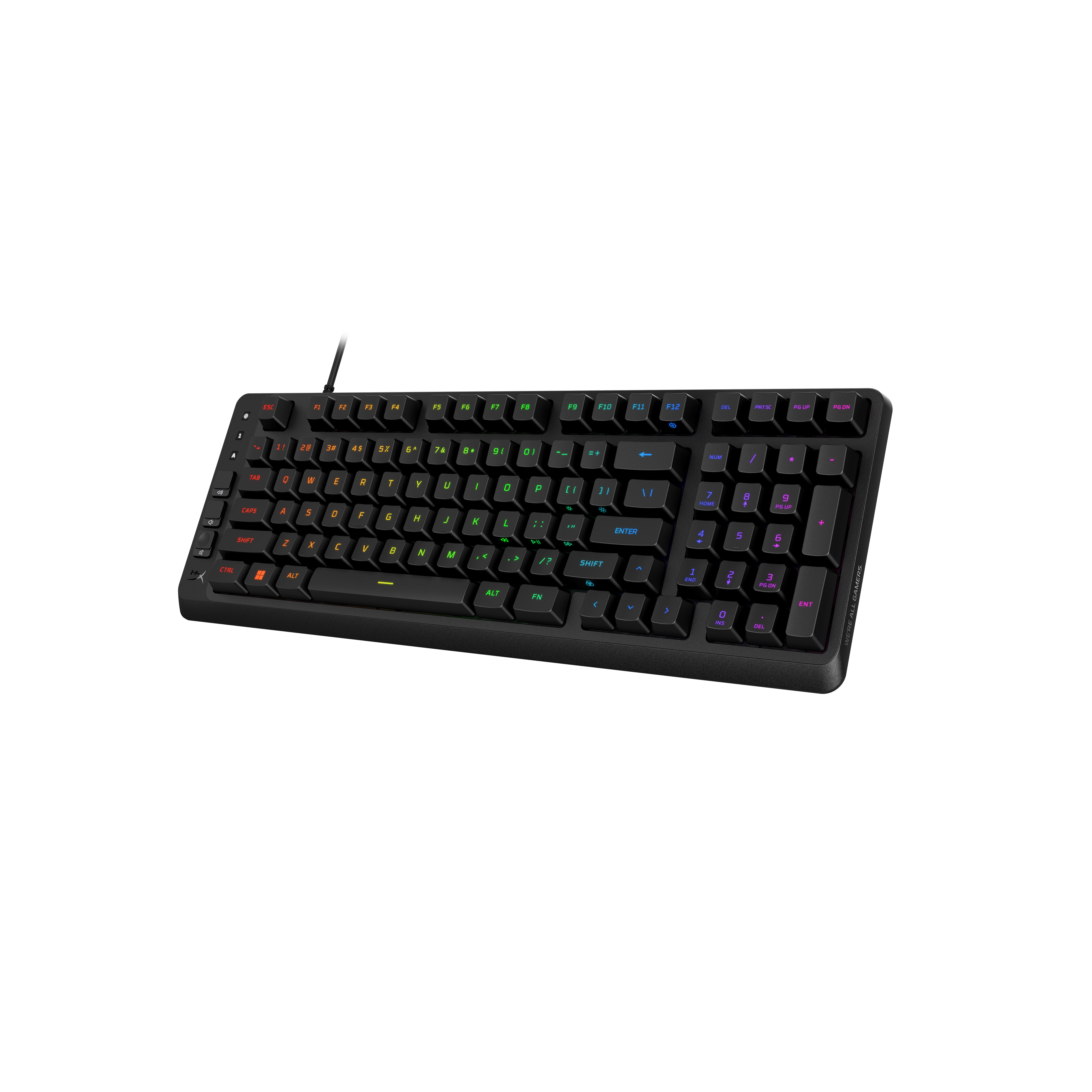 Schwarze Tastatur mit beleuchteten Tasten in verschiedenen Farben auf schwarzem Hintergrund.
