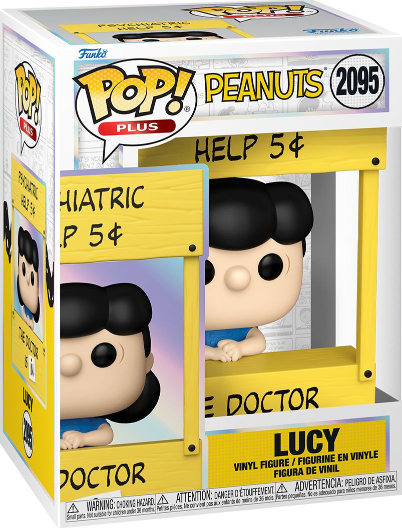 Figura Funko Pop! de Lucy frente a un puesto de doctor "Ayuda 5¢".