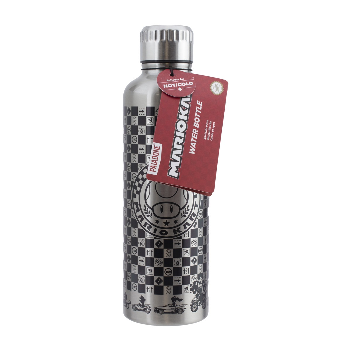 Botella de agua plateada con tema de Mario Kart, diseño a cuadros y etiqueta.
