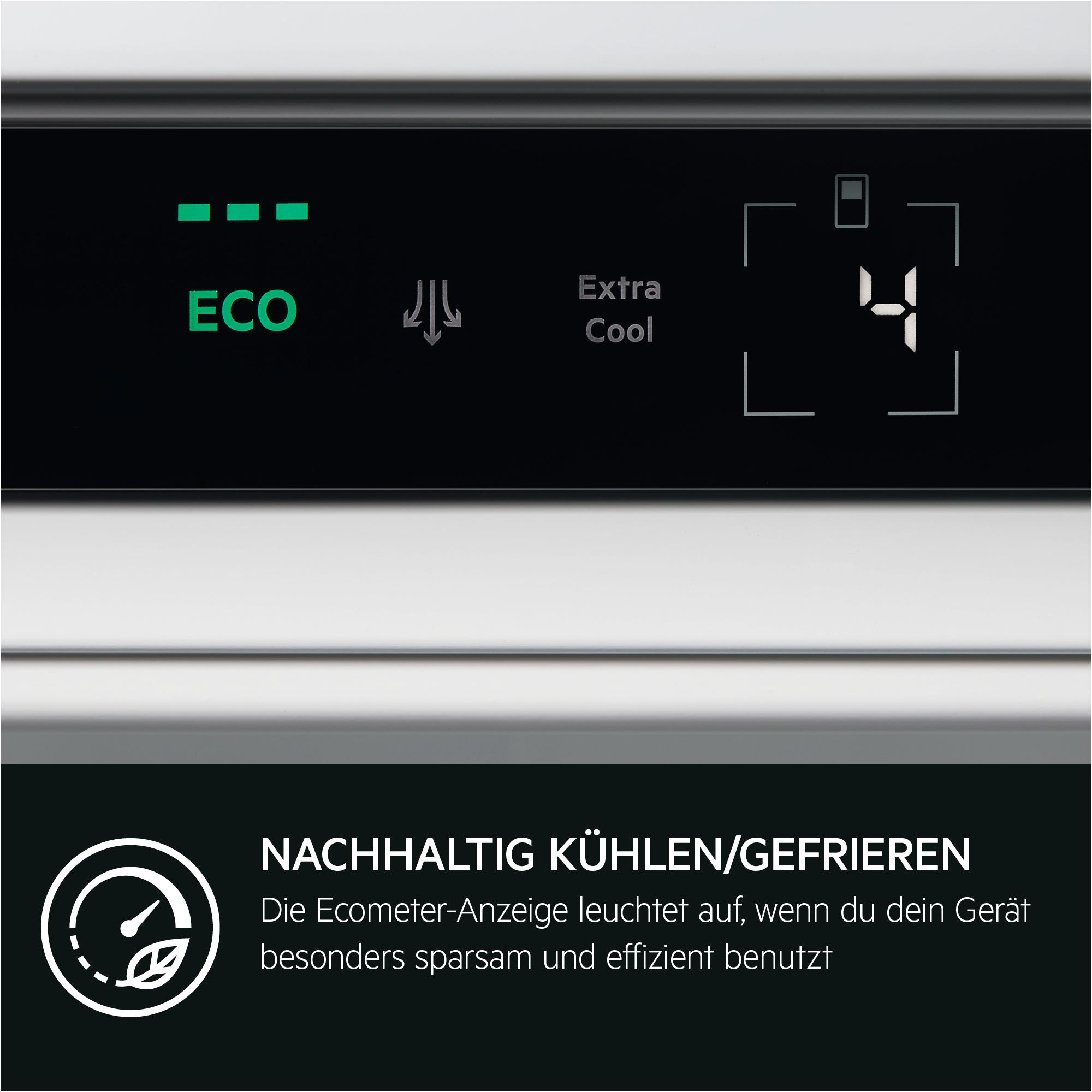 Display zeigt ECO, Extra Cool, 4 und eine Nachhaltigkeitsanzeige.