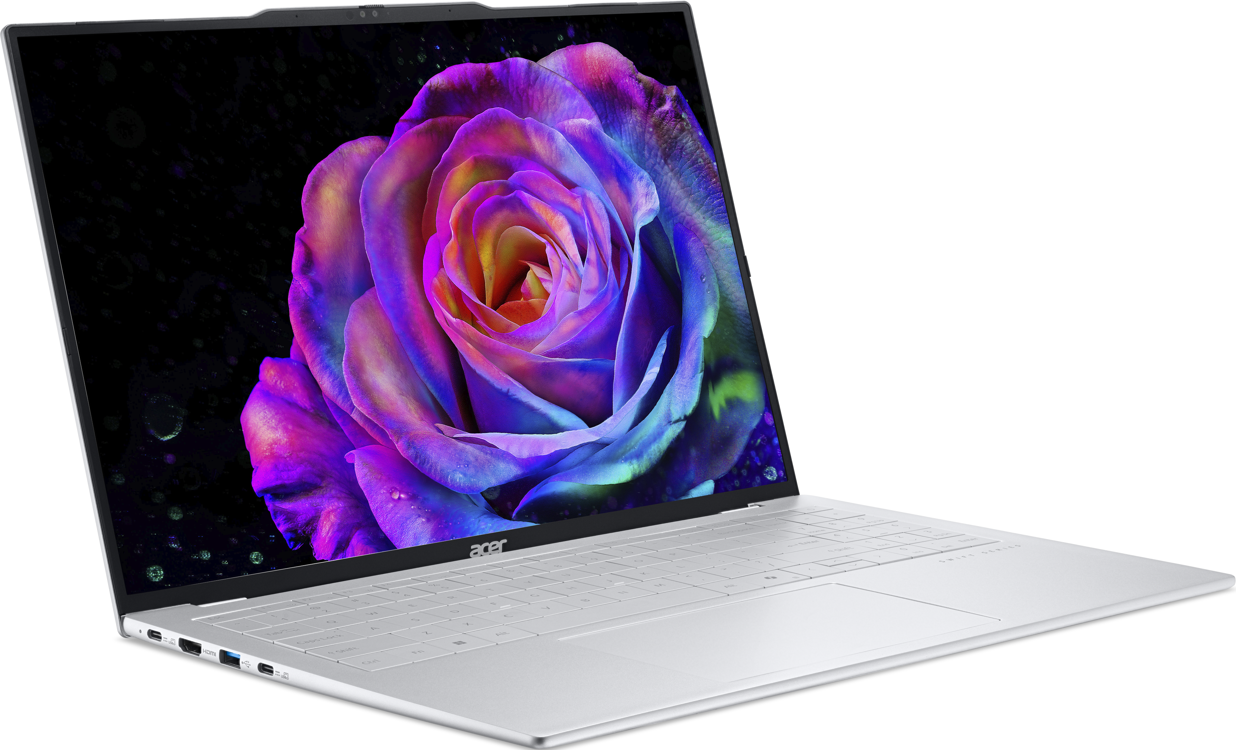 Ein offener Laptop mit einem bunten Rosenhintergrund auf dem Bildschirm.