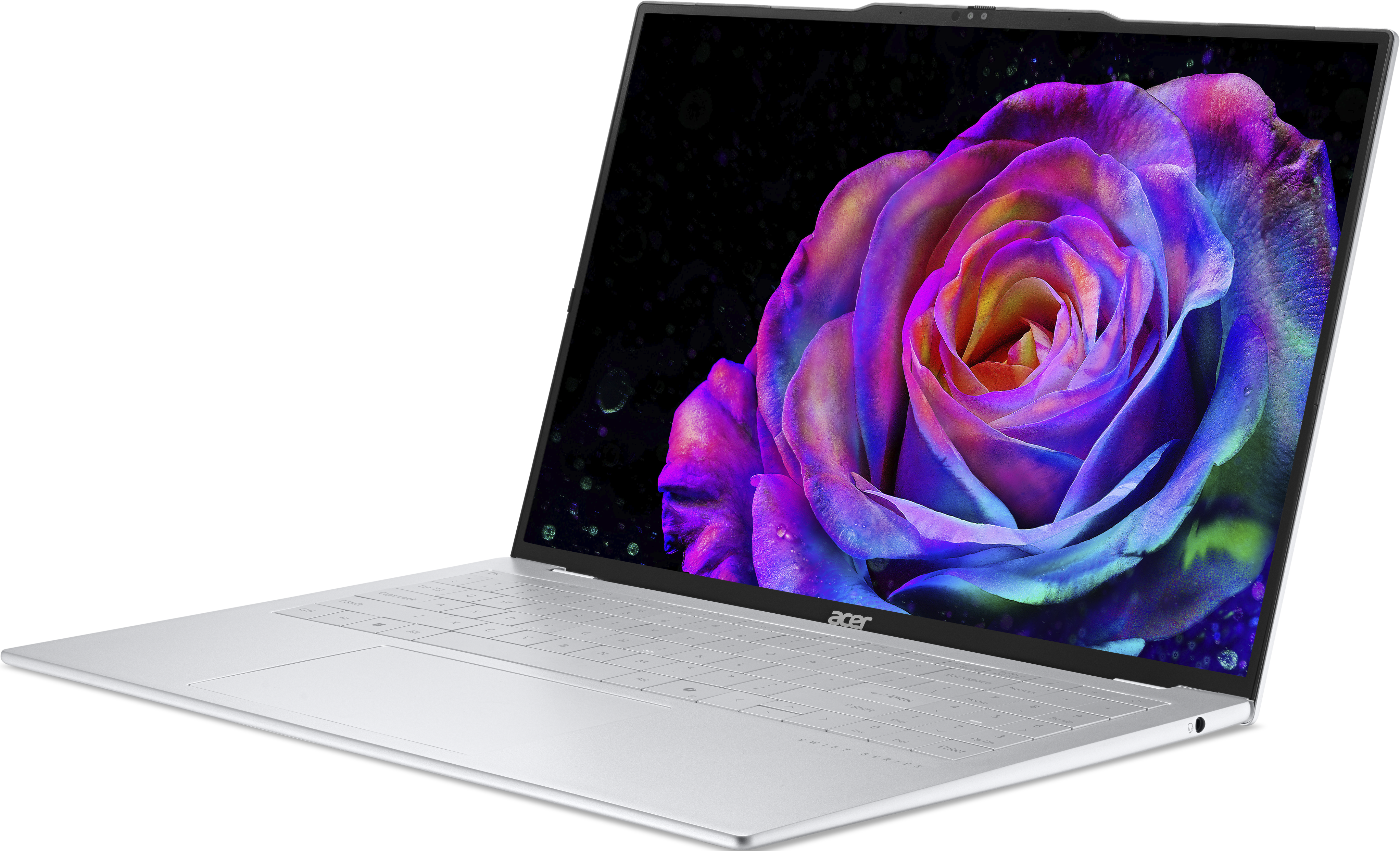 Ein silberner Laptop mit einem bunten Rosenbildschirm auf schwarzem Hintergrund.