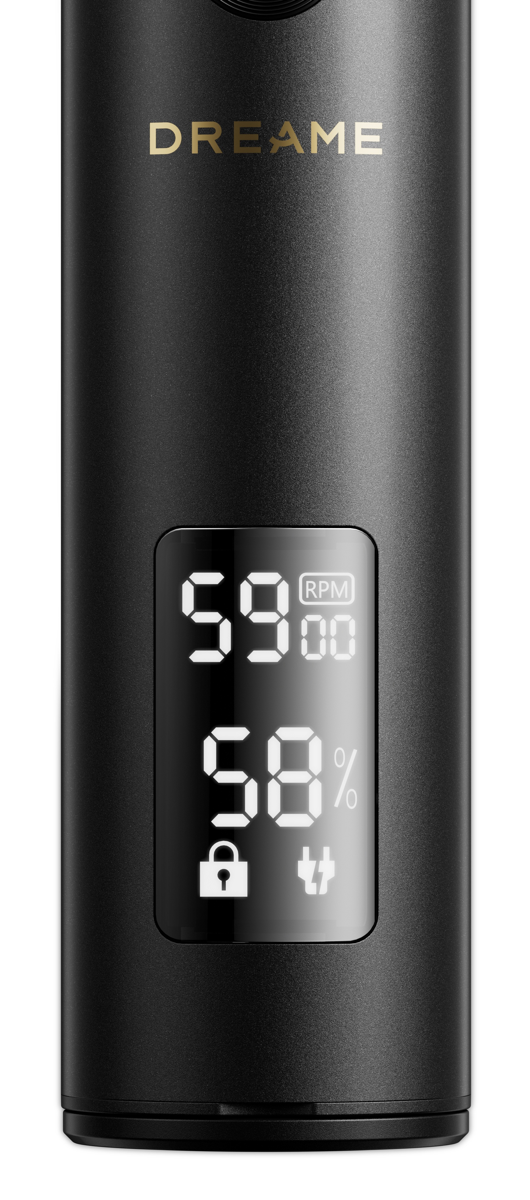 Czarny korpus urządzenia ze złotą nazwą marki i cyfrowym wyświetlaczem pokazującym 5900 obr./min i 58% baterii.
