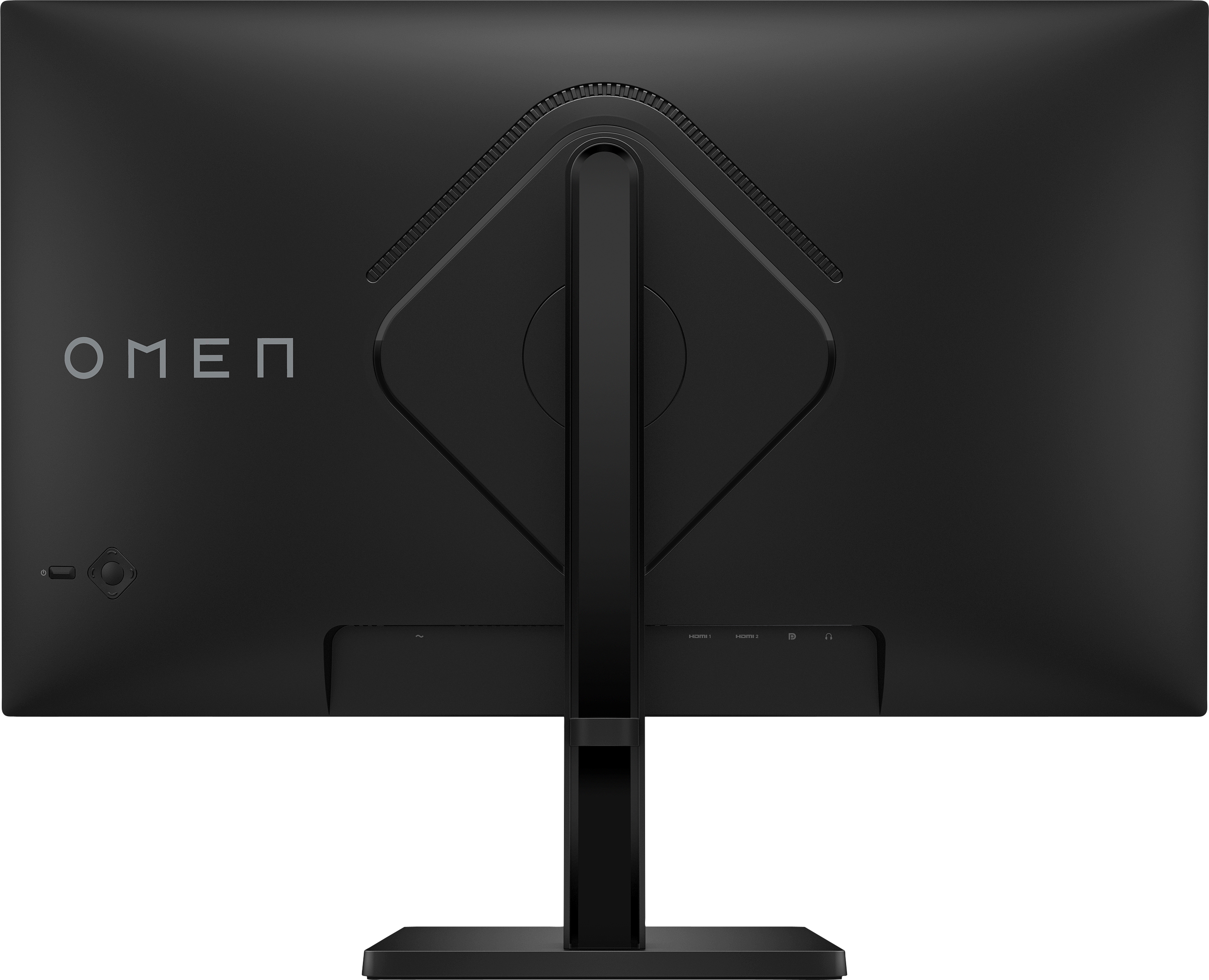 Arrière d'un moniteur noir avec logo Omen, ports et support.