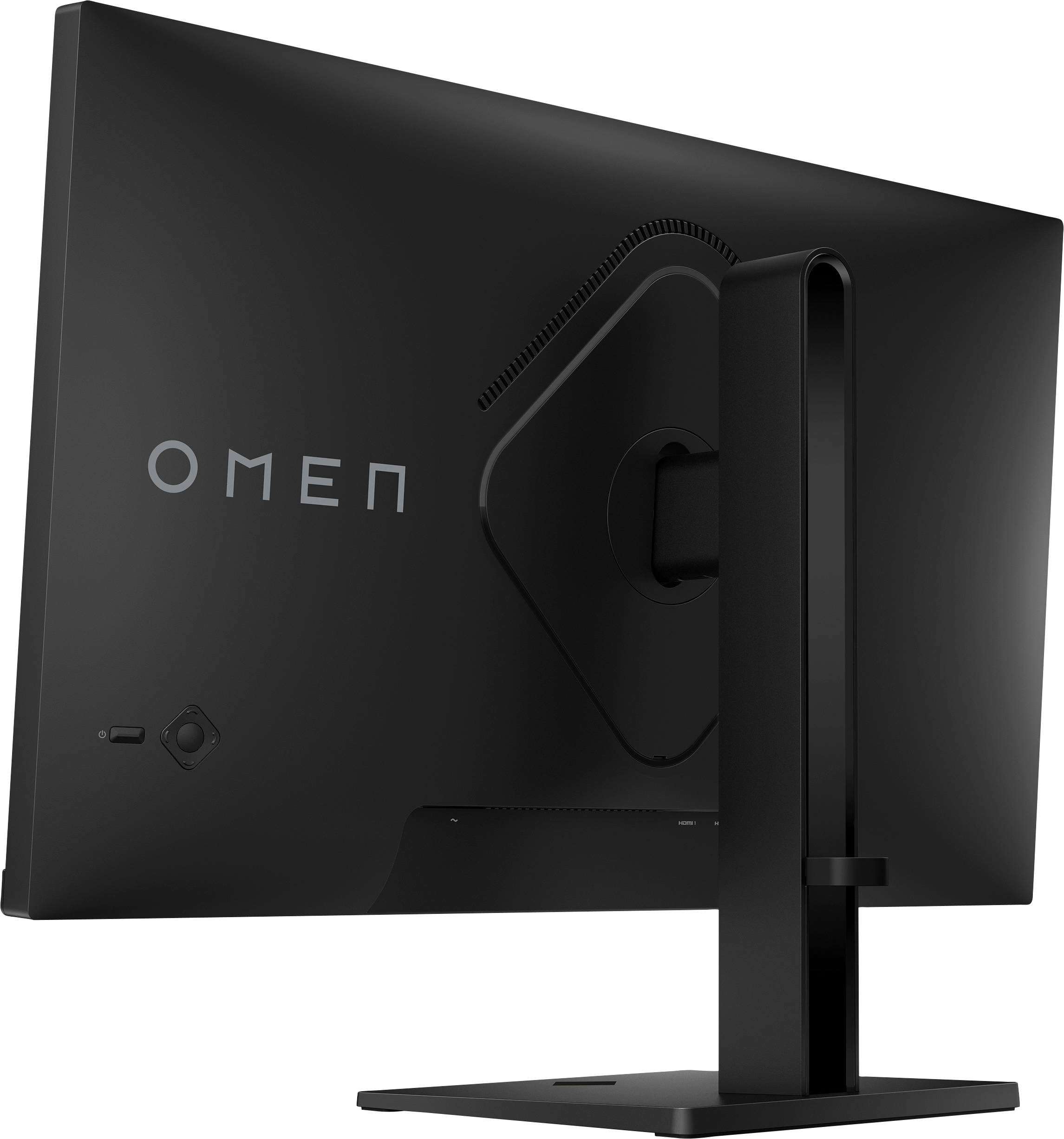 Vue arrière d'un moniteur noir avec logo OMEN et support.