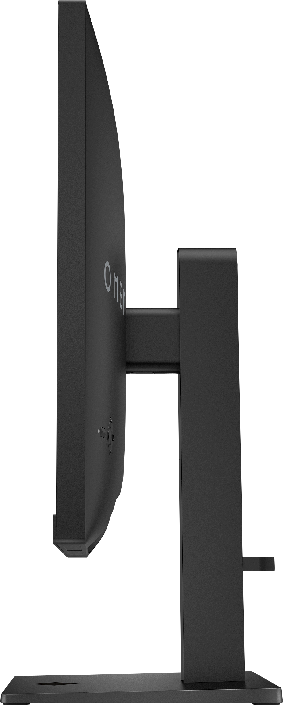 Moniteur noir de profil avec logo OMEN et support réglable.