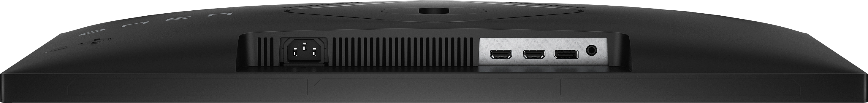 Arrière d'un moniteur noir montrant les ports : alimentation, 2x HDMI, 1x DisplayPort, audio.