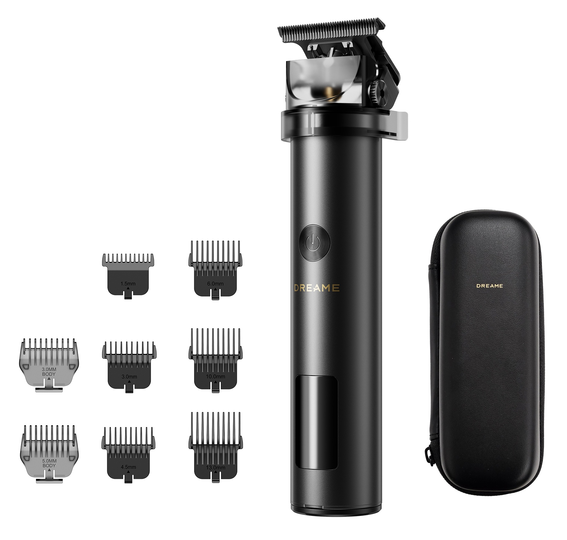 Czarna maszynka do strzyżenia włosów z nasadkami i czarnym etui.