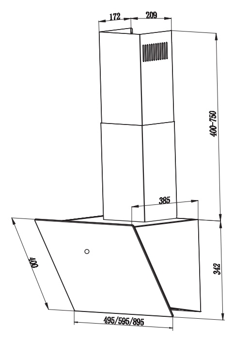 Rysunek techniczny okapu kuchennego z wymiarami.