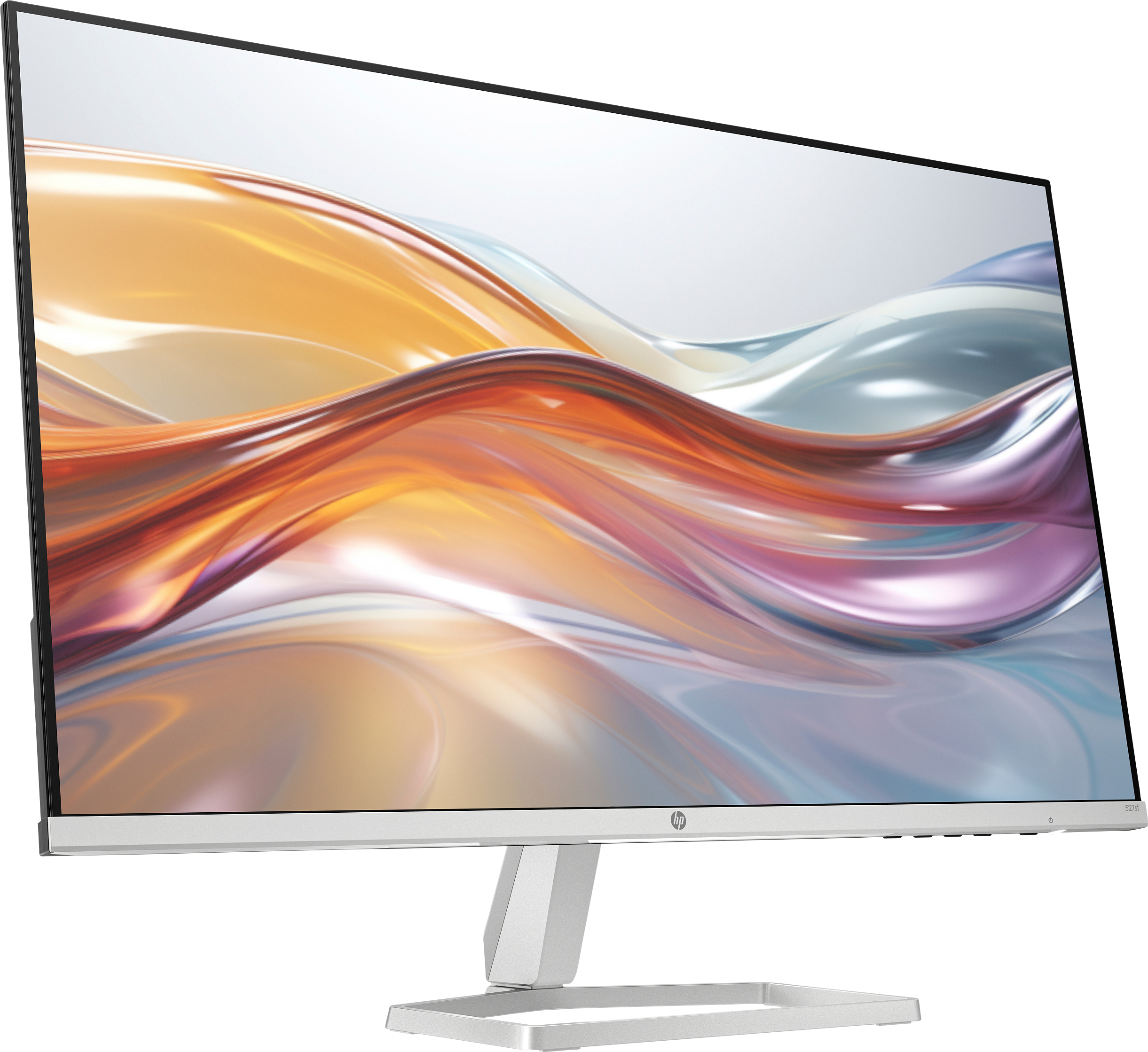 Un monitor HP argentato mostra uno sfondo astratto e fluido nei toni dell'arancione e del blu.