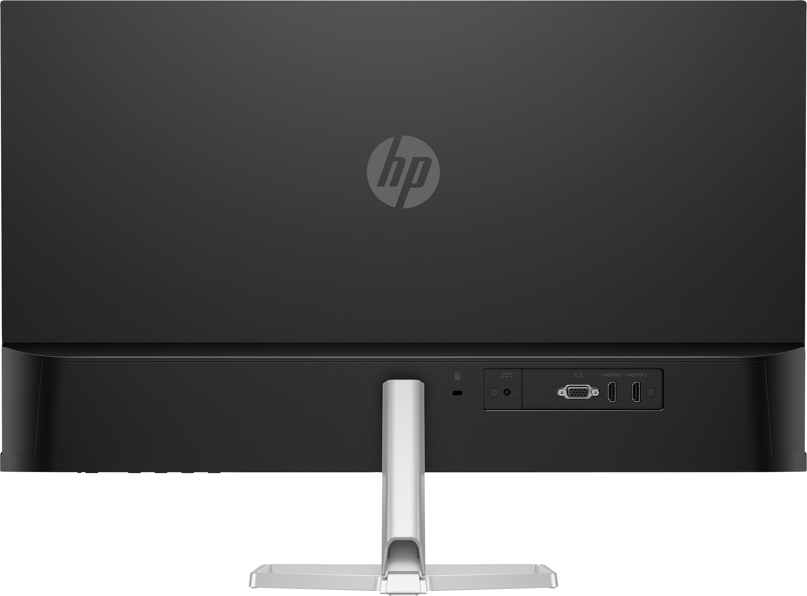Retro di un monitor HP nero con supporto argentato e porte.