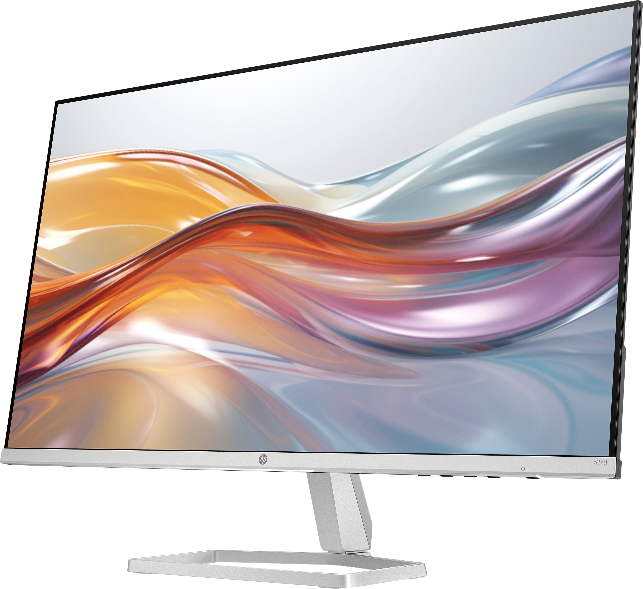 Un monitor HP argentato mostra un'immagine astratta e ondulata nei toni arancio e blu.