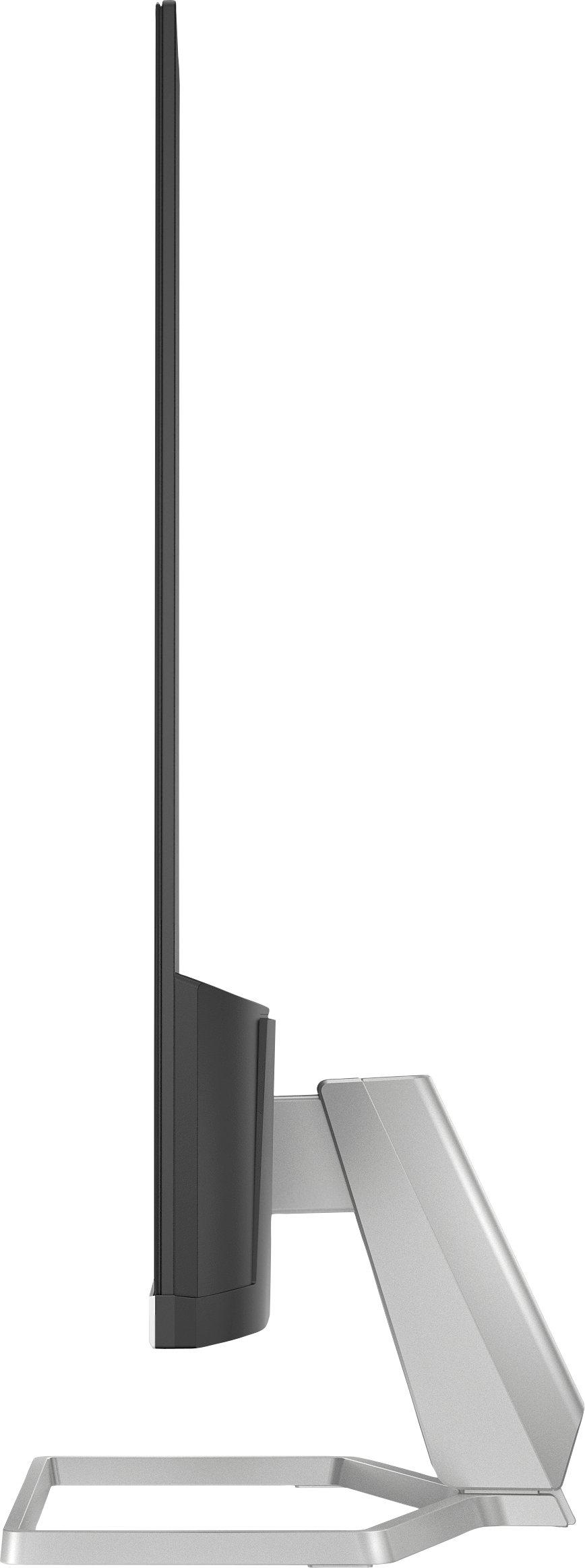 Un moderno monitor per computer con cornice sottile e supporto argentato, visto di lato.