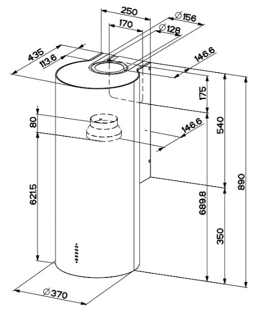 Rysunek techniczny okapu kuchennego z wymiarami.