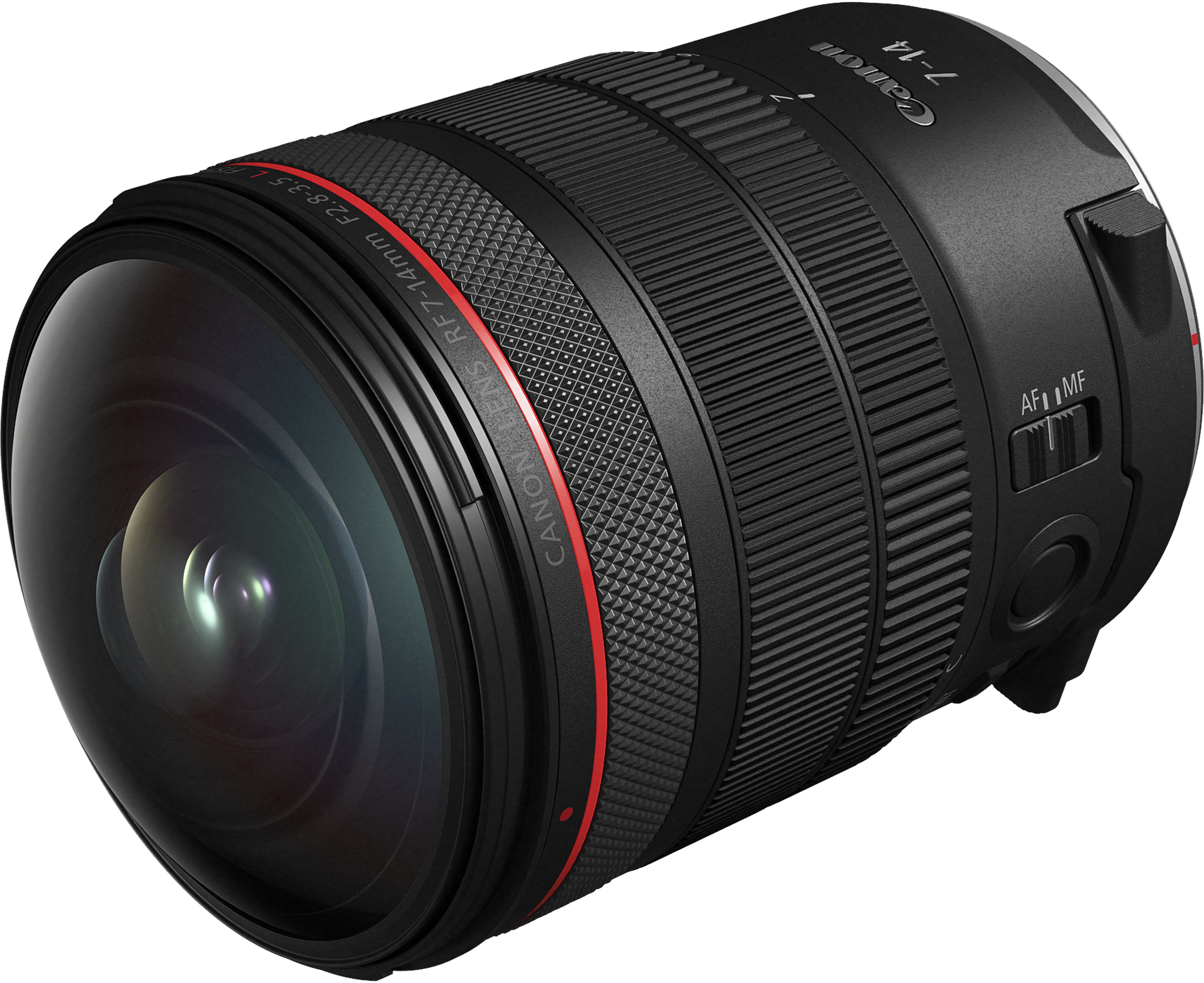 Gros plan d'un objectif Canon RF 7-14mm F2.8-3.5 avec bague de mise au point.