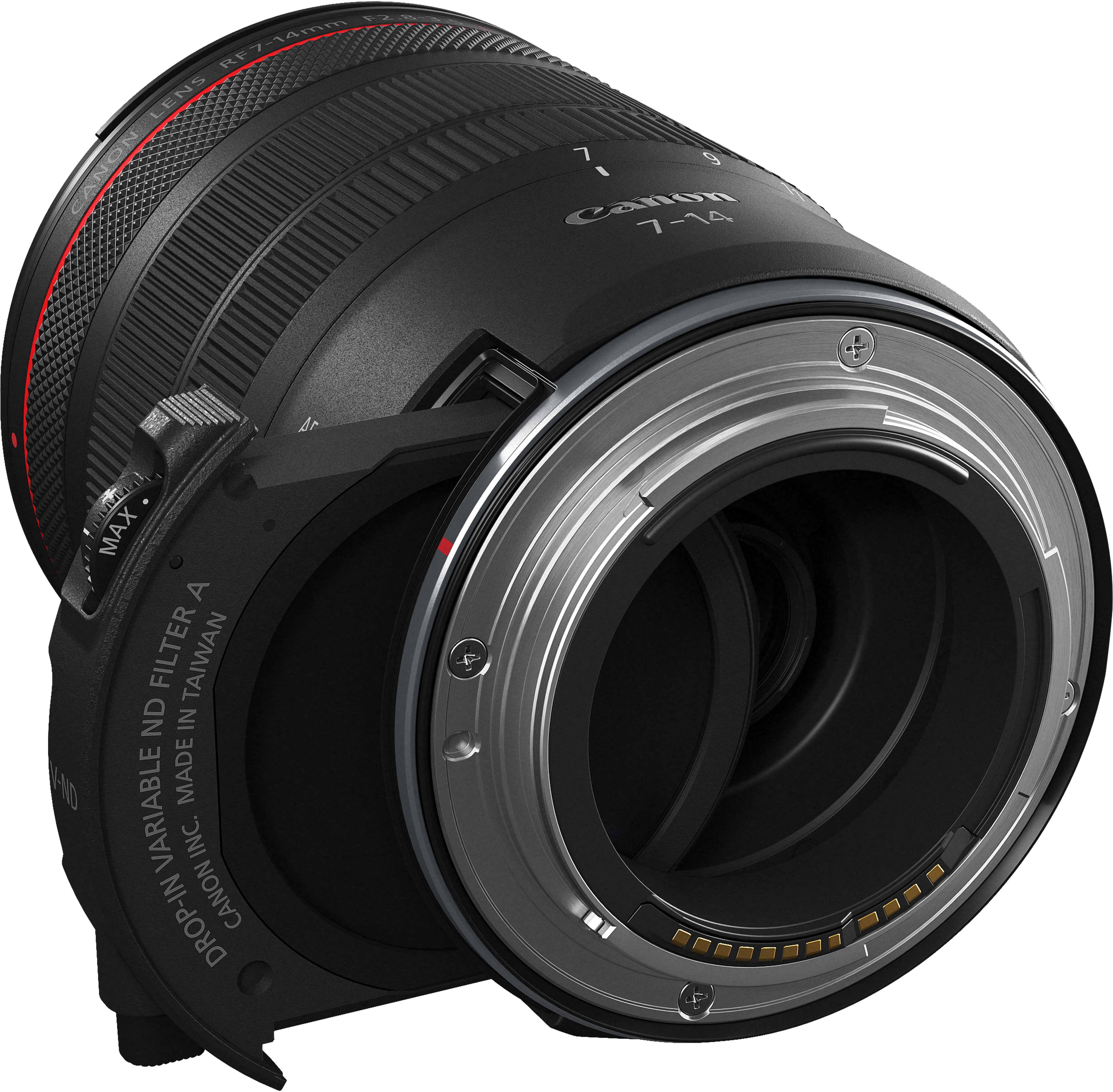 Objectif Canon RF 7-14mm noir avec monture argentée et fente pour filtre ND.