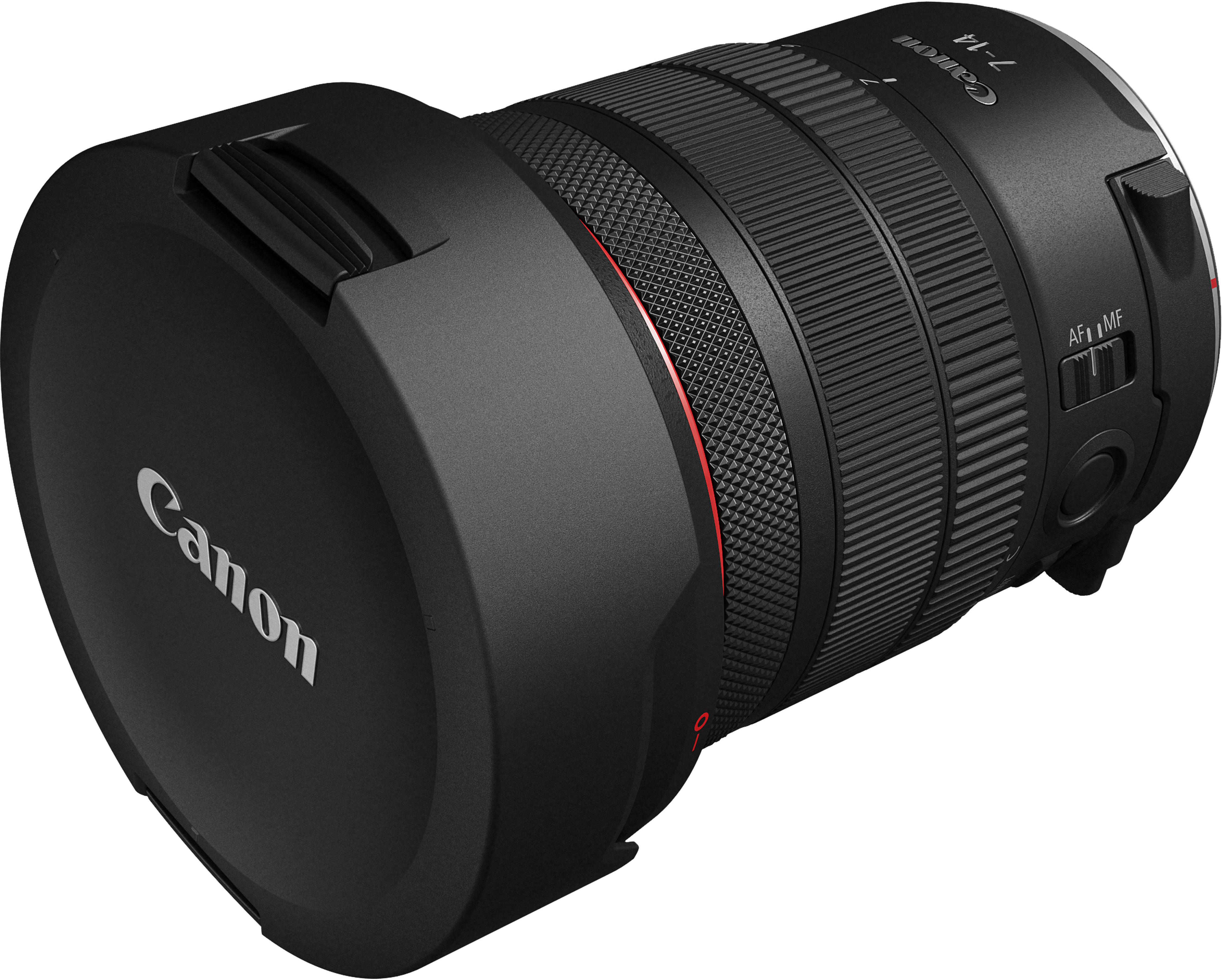 Objectif Canon noir avec logo et bagues argentés, sélecteur AF/MF.