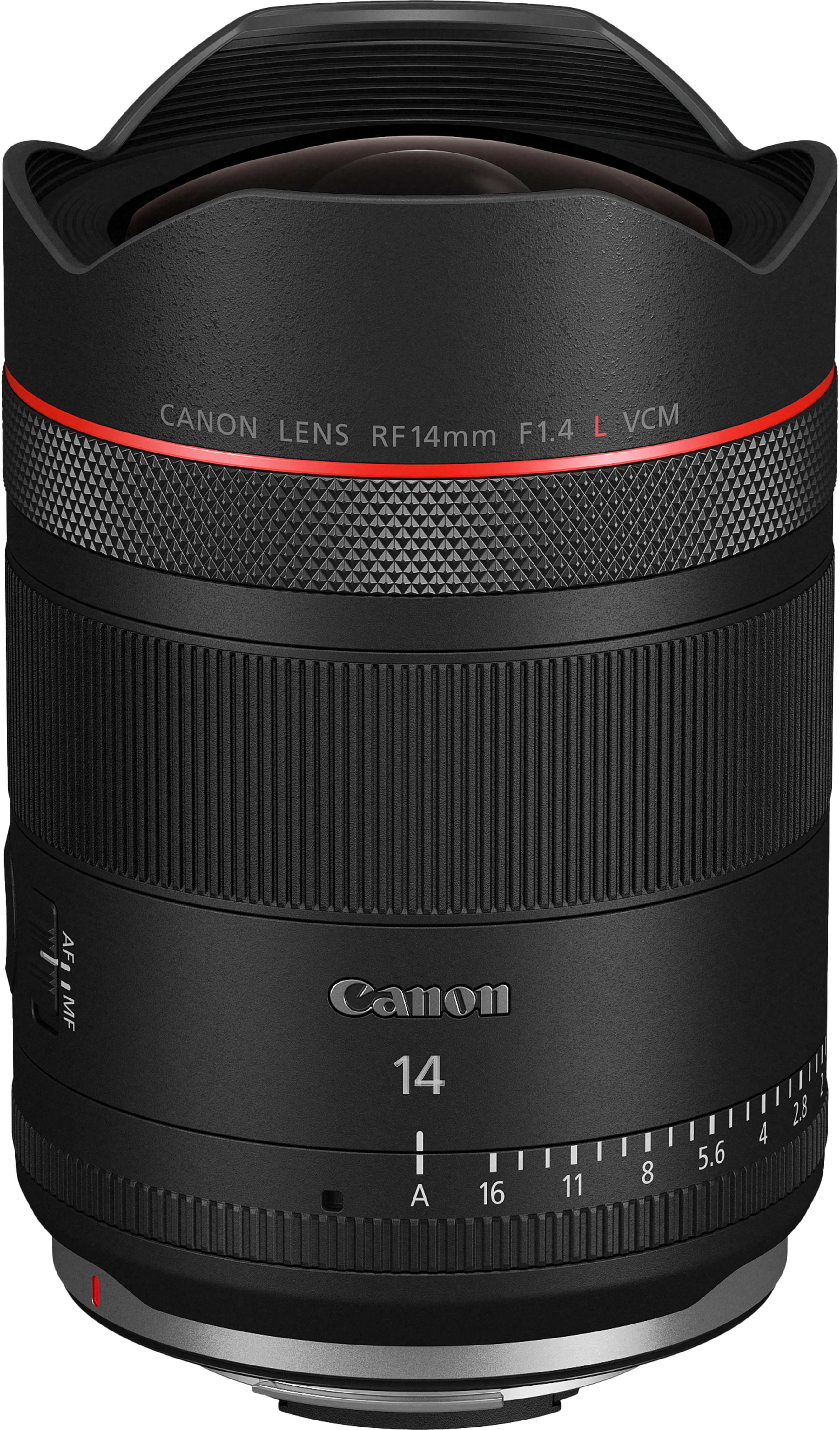 Objectif Canon RF 14mm F1.4 L VCM noir avec bague de mise au point et marques d'ouverture.