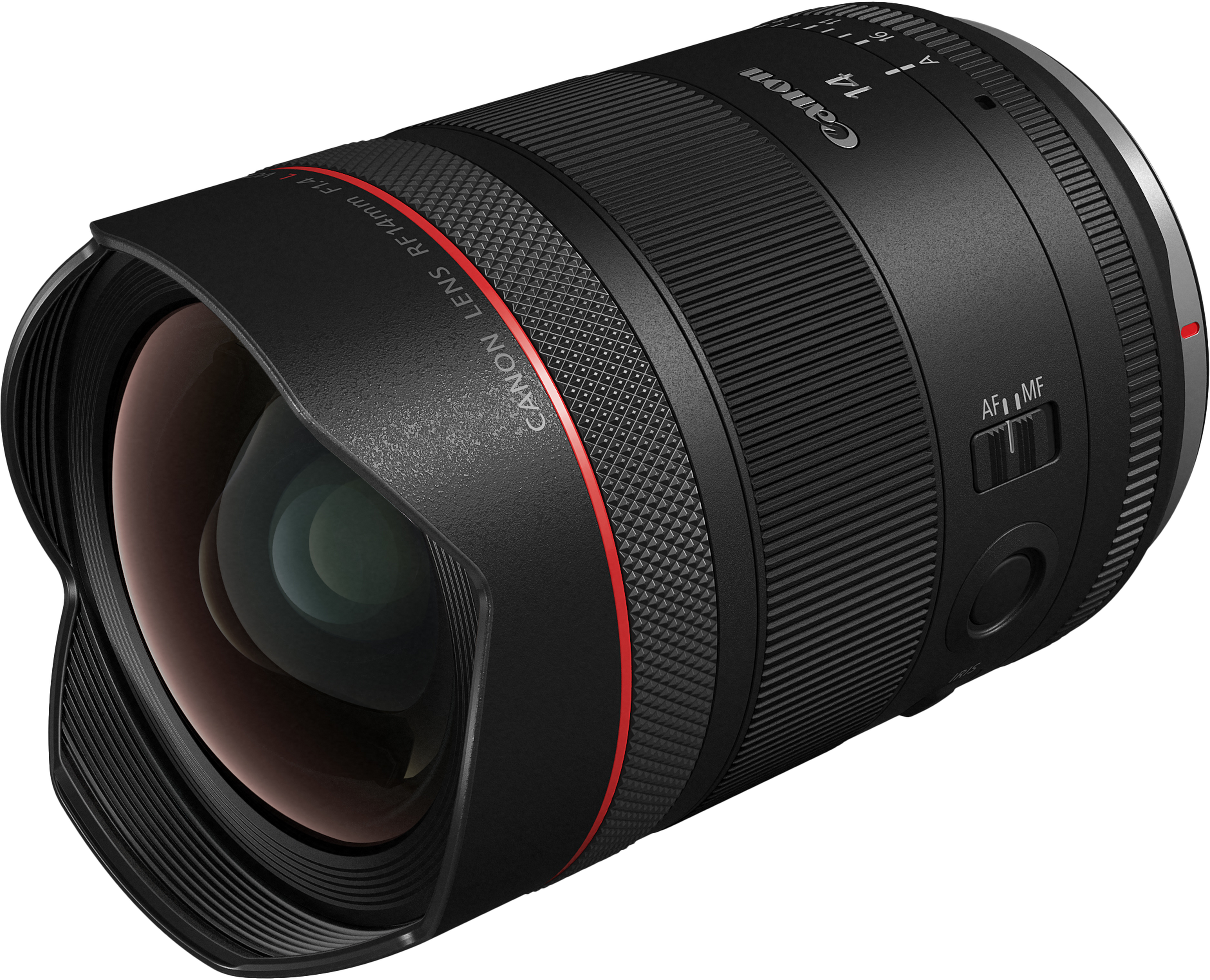 Objectif Canon RF 14mm F1.4 L avec bague de mise au point, bague d'ouverture et sélecteur.