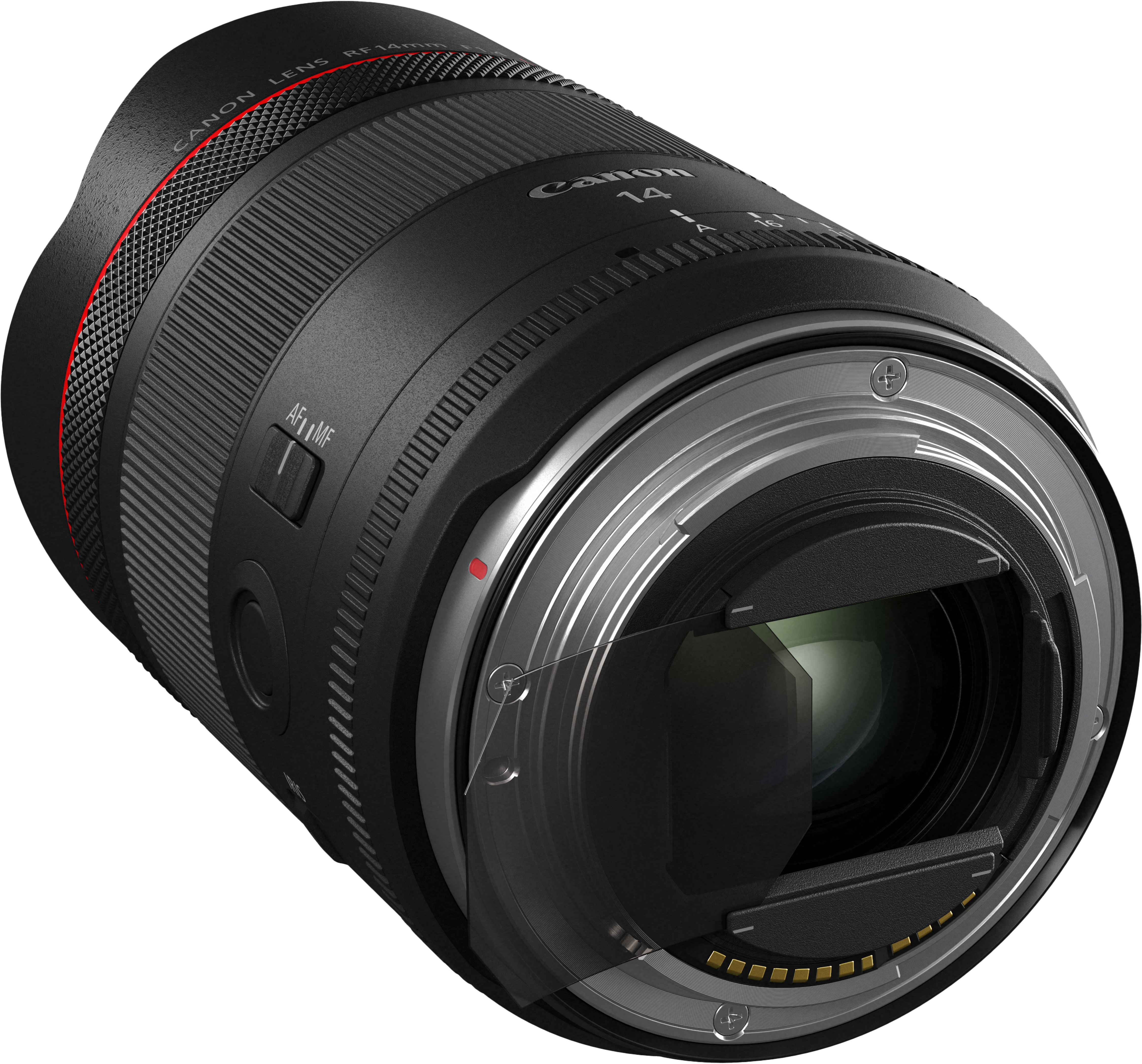 Objectif Canon RF 14mm avec bague de mise au point et anneau rouge.
