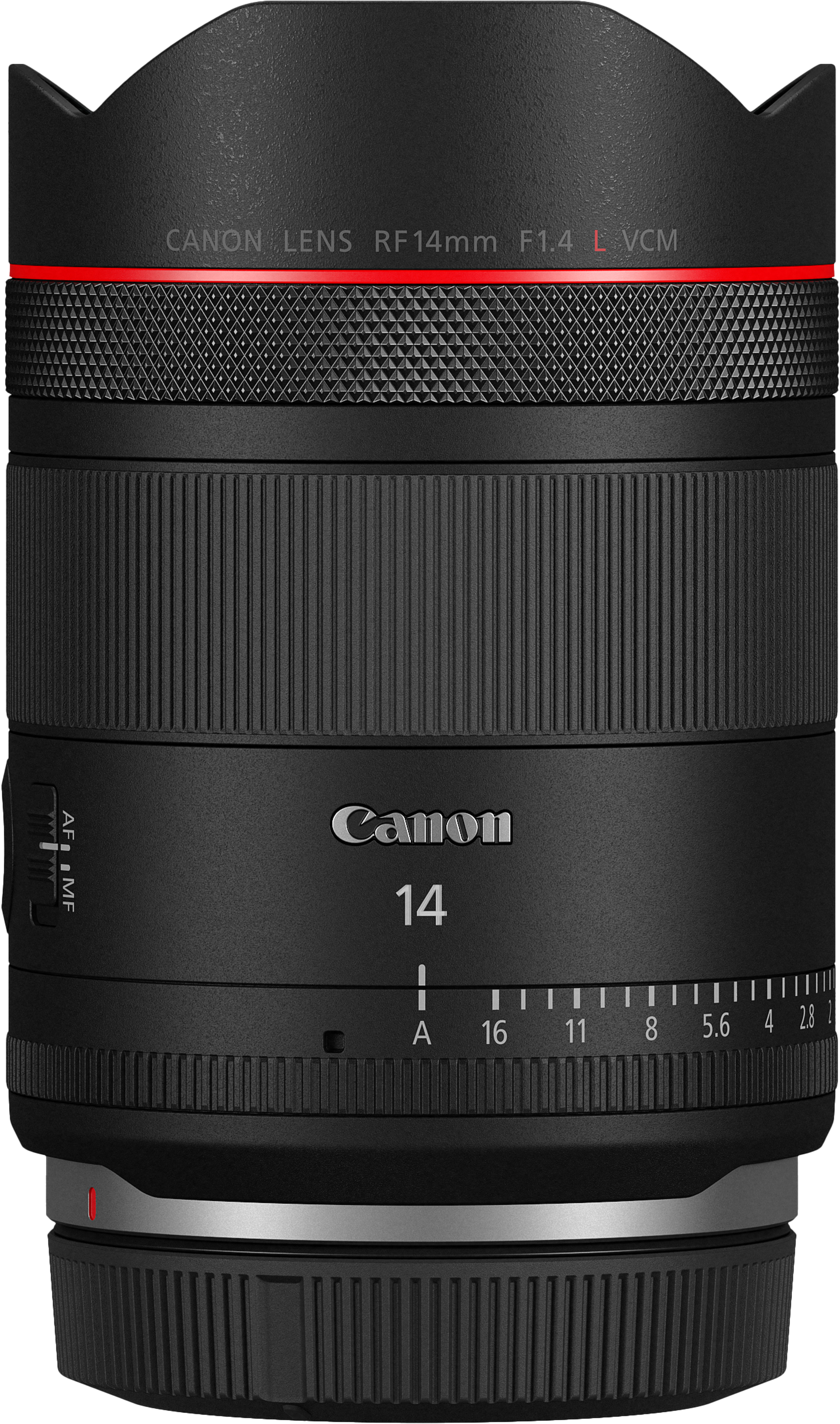 Objectif Canon RF 14mm F1.4 L VCM noir avec bagues de mise au point et d'ouverture.