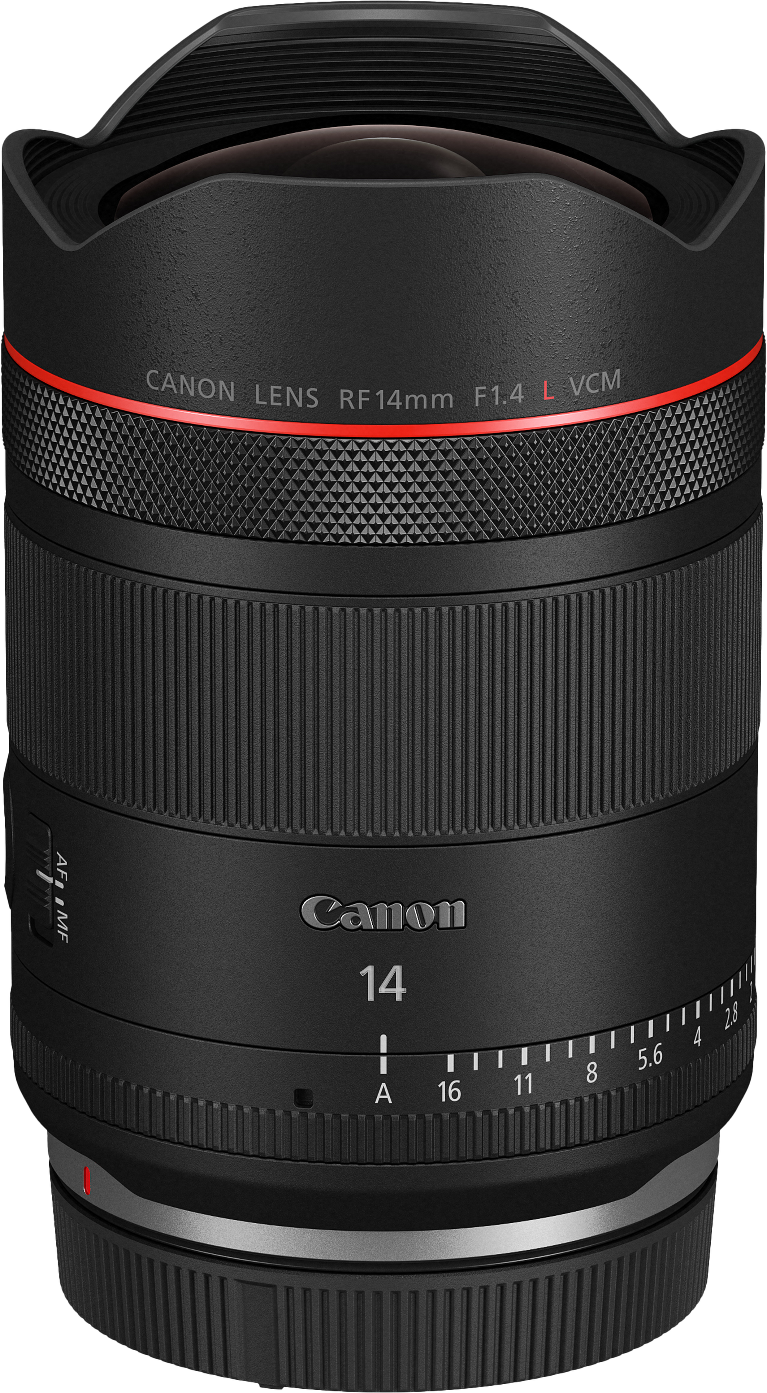 Objectif Canon RF 14mm f/1.4 L VCM noir avec anneau rouge et marques de mise au point.
