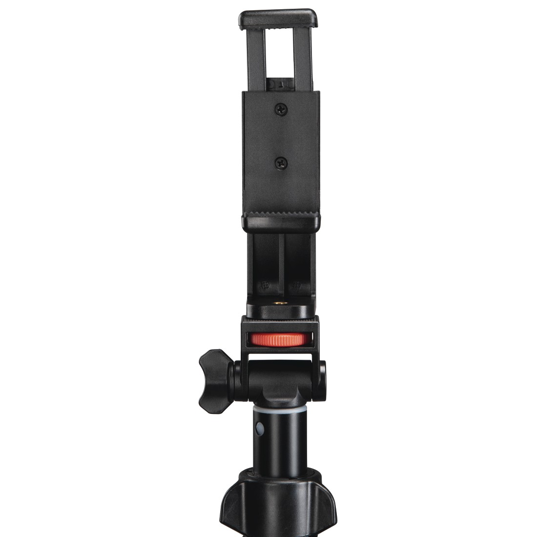 Ein schwarzer Handyhalter mit rotem Einstellrad auf weißem Hintergrund.