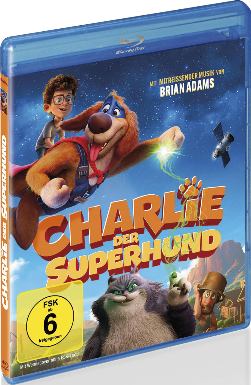 Blu-ray Cover: Superhelden-Hund fliegt mit Jungen, böser Kater und Mann.