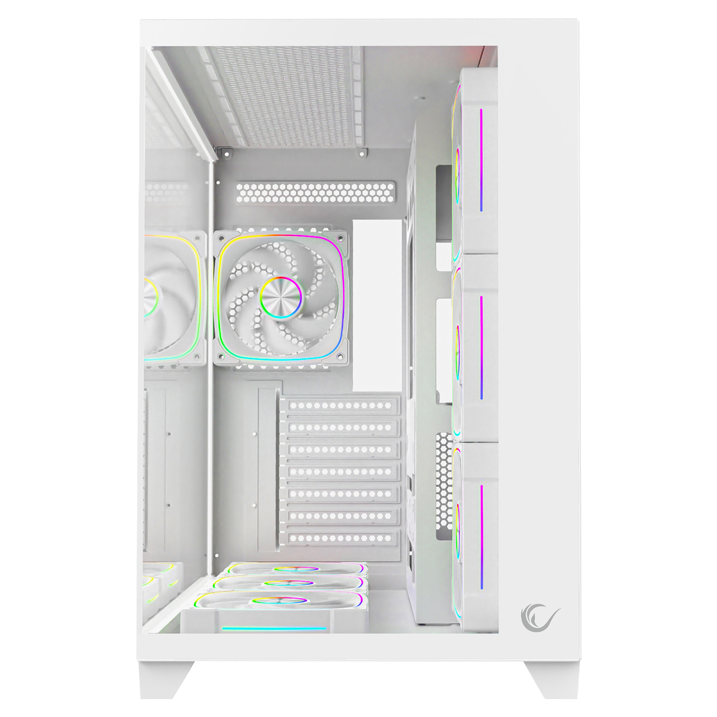RGB fanlı beyaz bilgisayar kasası iç görünümü.