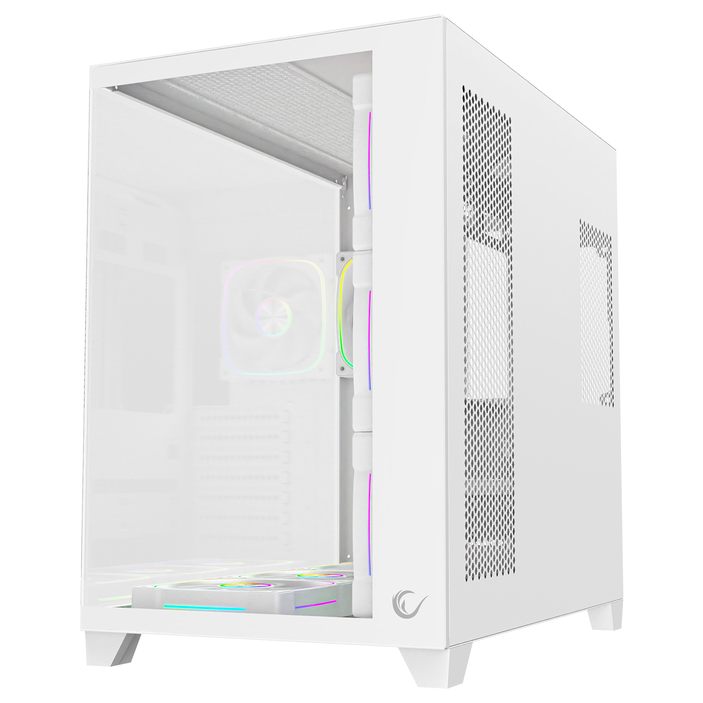 Cam ön ve RGB fanlara sahip beyaz PC kasası.
