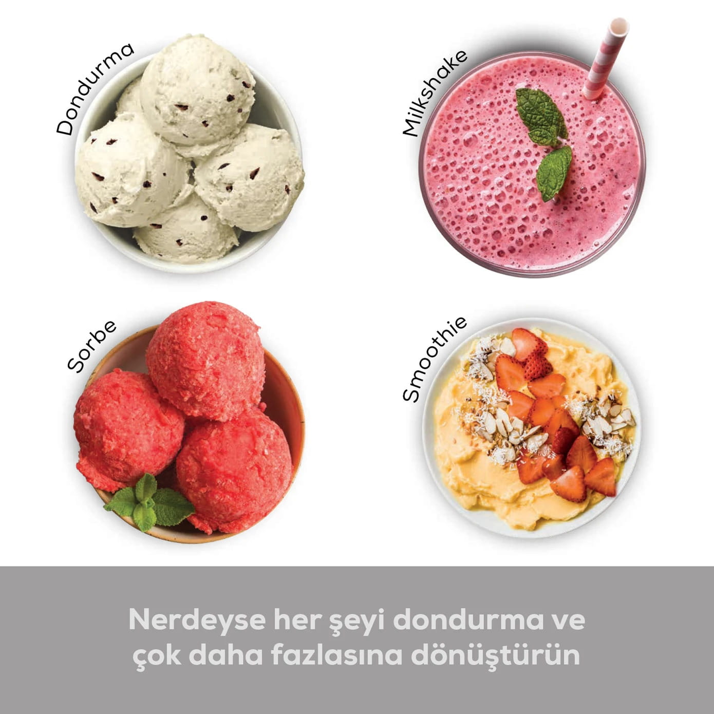 Dört tatlı: dondurma, sorbe, milkshake ve meyveli smoothie.