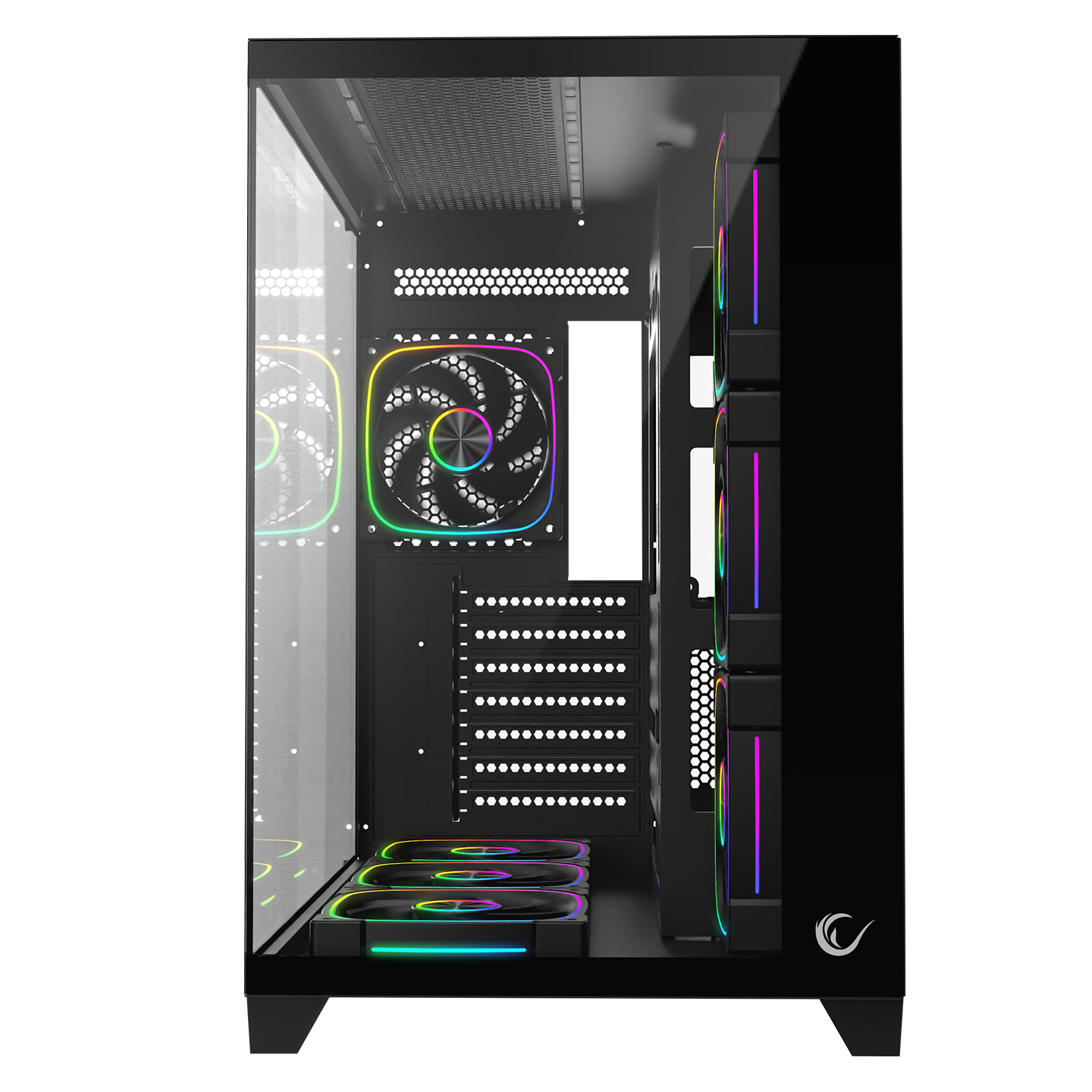 RGB fanlı ve cam pencereli siyah bilgisayar kasası.