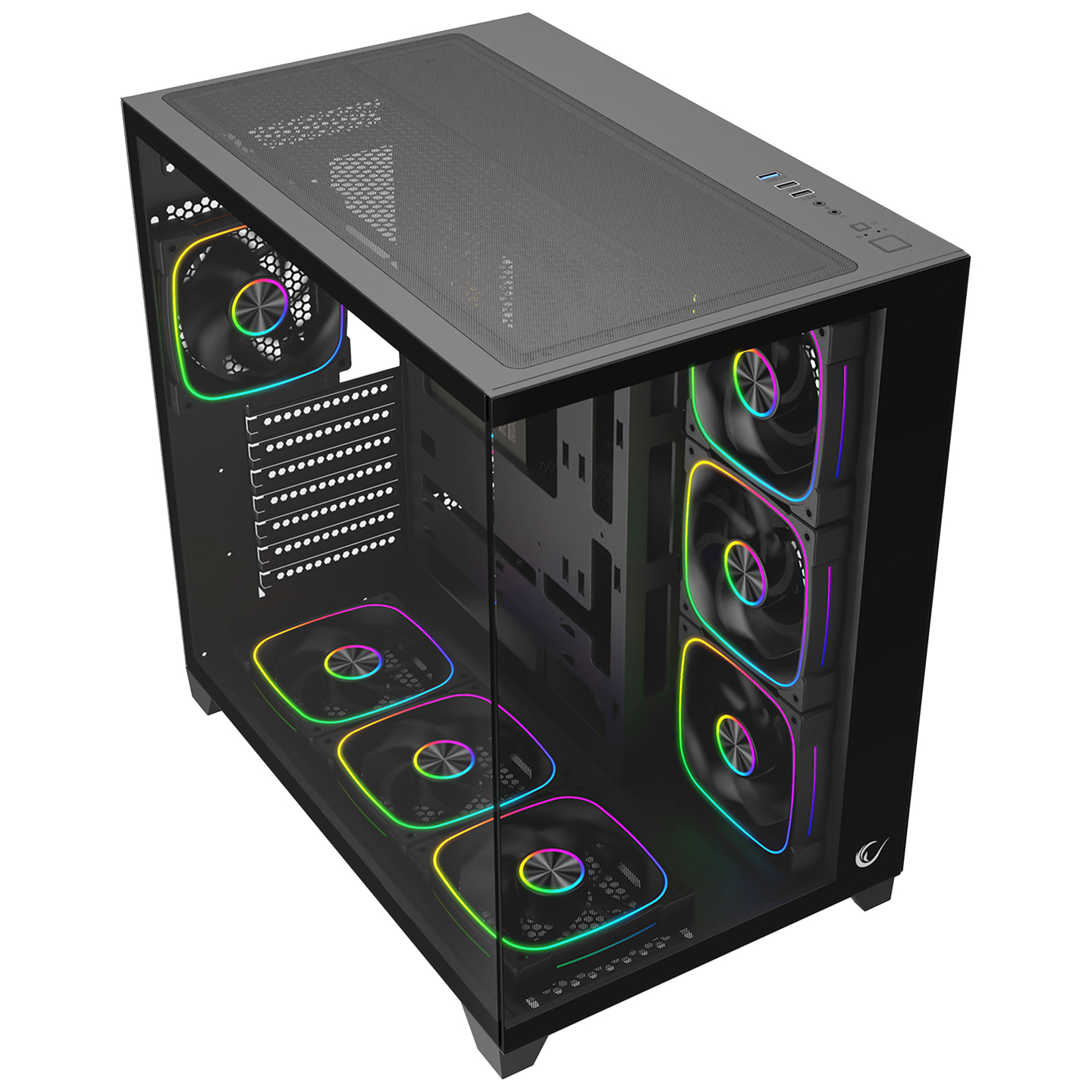 Cam yan panelli ve RGB fanlı siyah PC kasası.