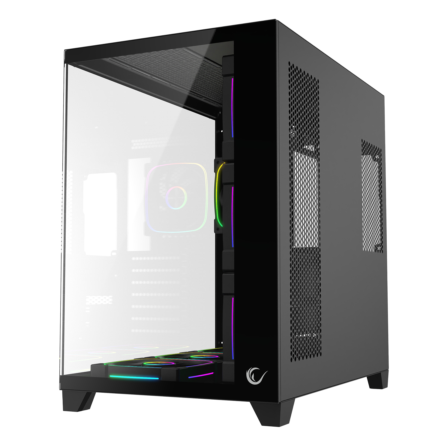 Cam ön ve RGB fanlı siyah PC kasası.