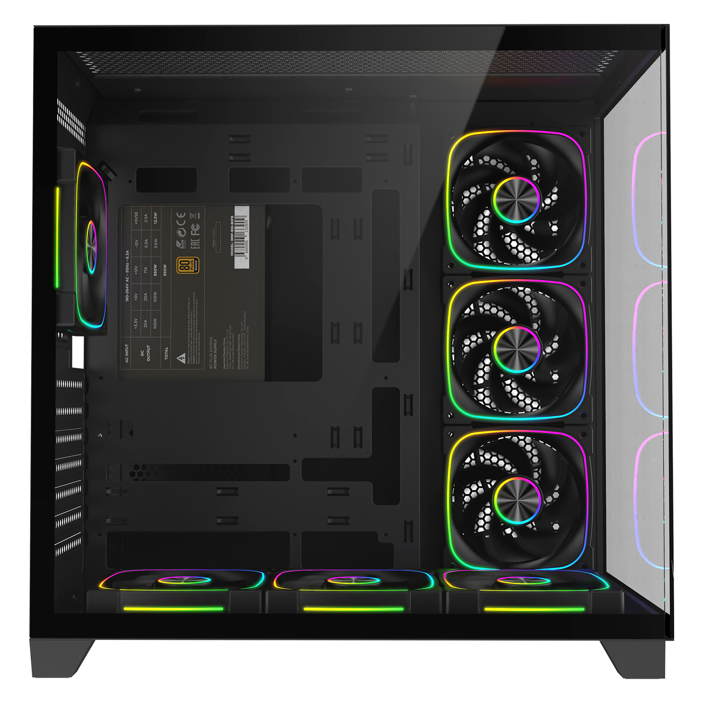 RGB fanlı ve güç kaynağı olan bir PC kasası. İç görünüm.