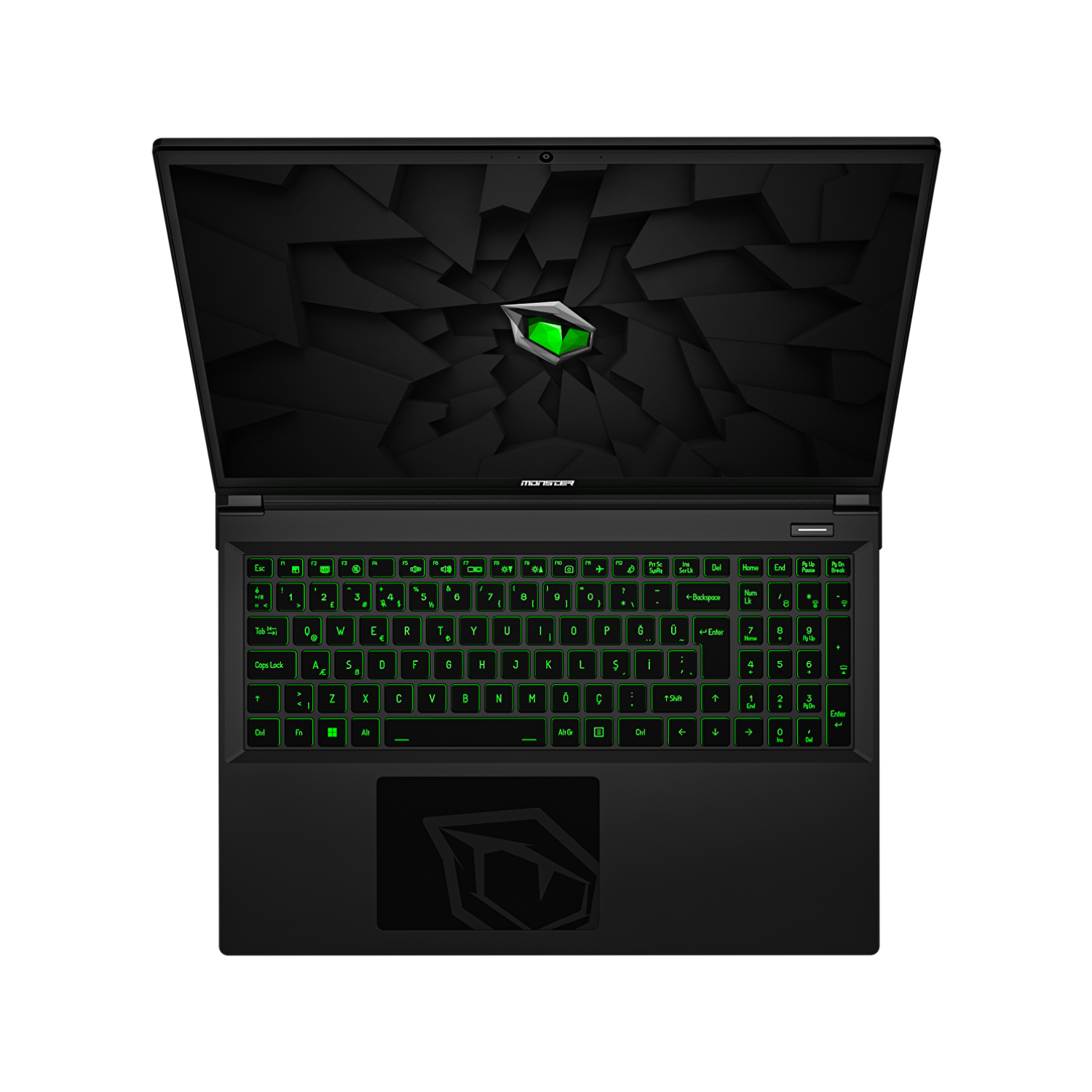 Parlak yeşil klavyeli ve ekranda yeşil logolu siyah bir dizüstü bilgisayar.